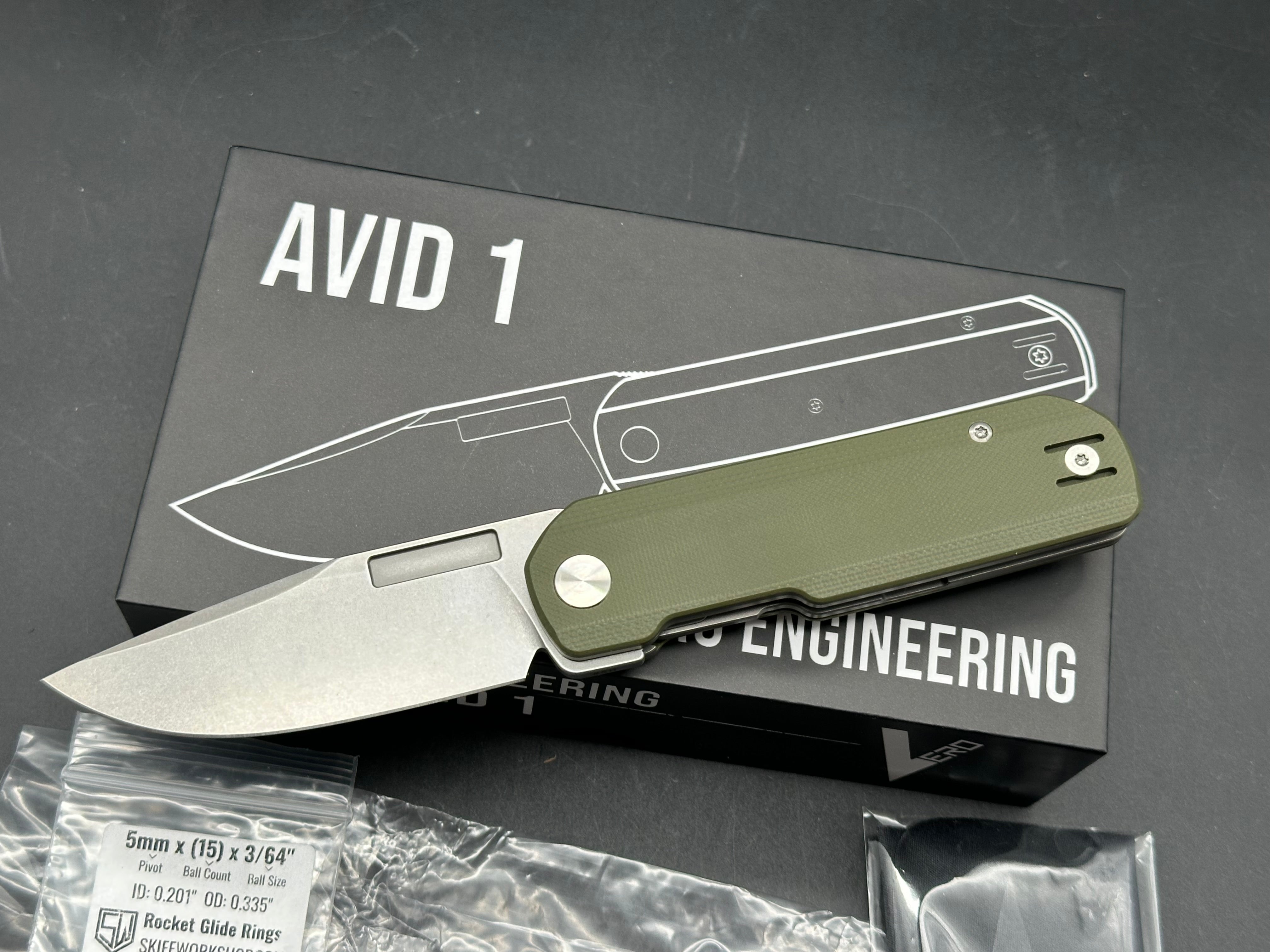 Vero Engineering Avid 1 DLT Exclusive #511 3.25" CPM S45VN Stonewash Blade with OD Green G10 Scales