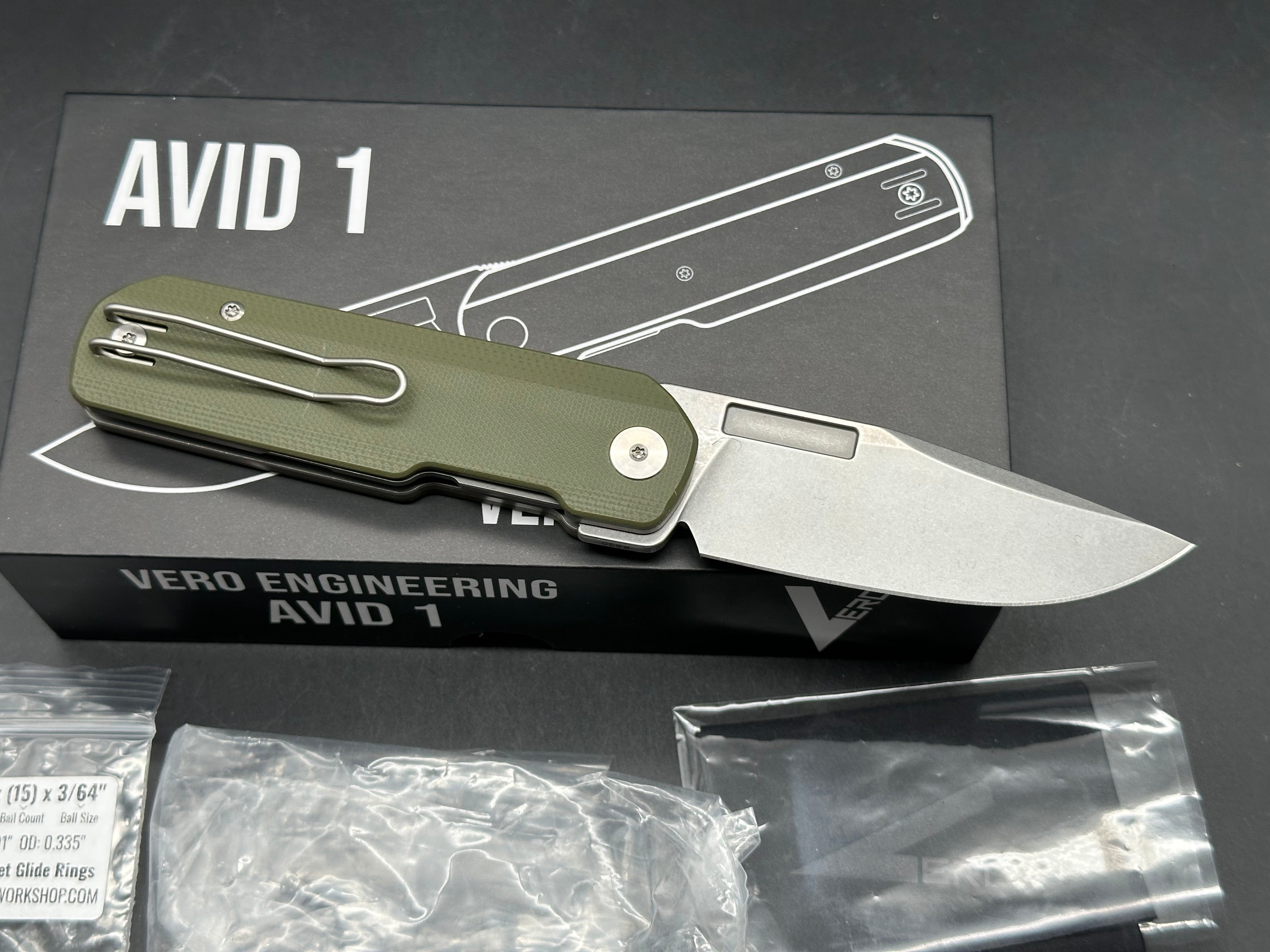 Vero Engineering Avid 1 DLT Exclusive #530 3.25" CPM S45VN Stonewash Blade with OD Green G10 Scales