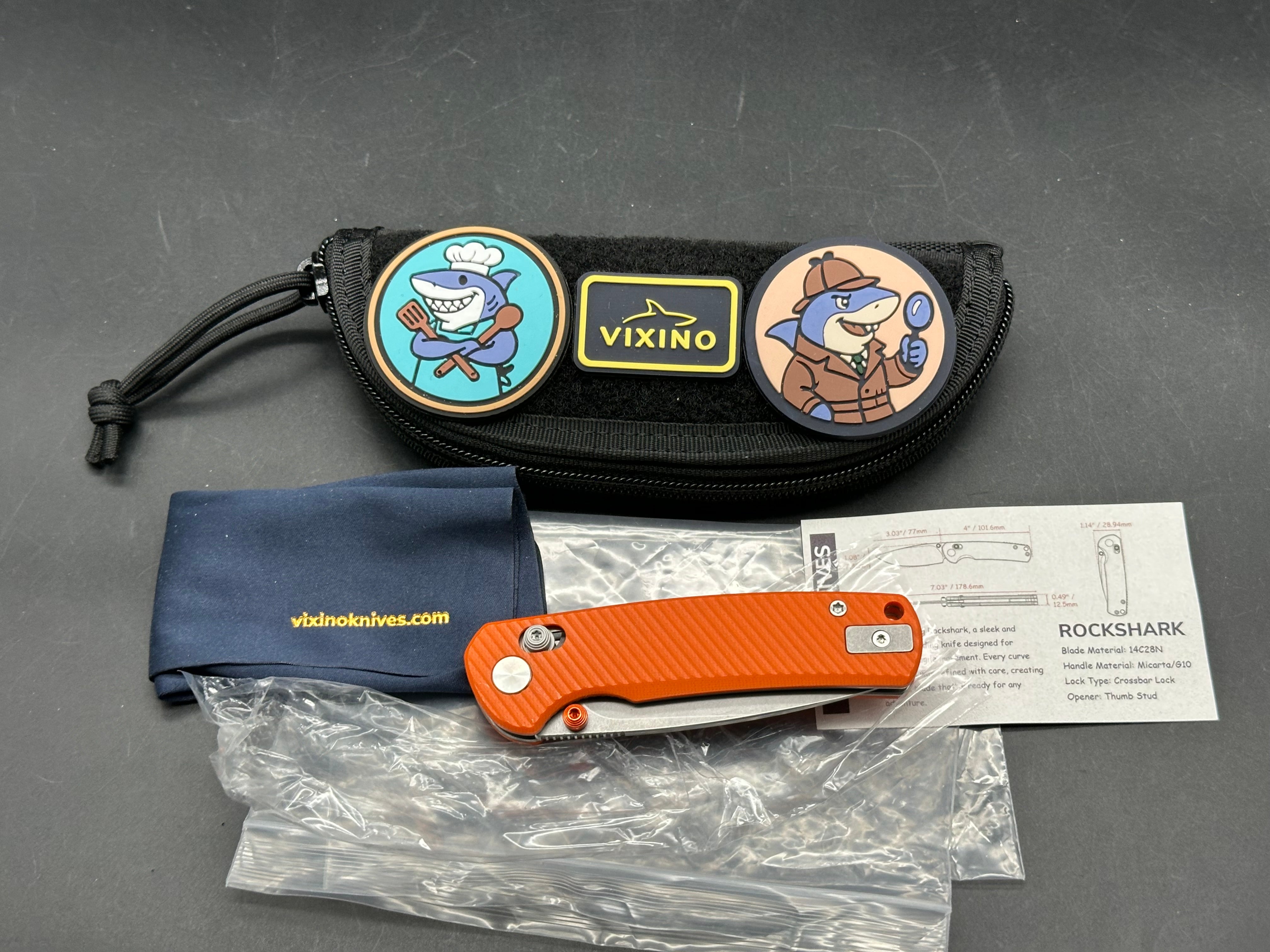 Vixino RockShark 3.03" 14C28N Stonewash Blade with Orange Angle Milled G10 Scales