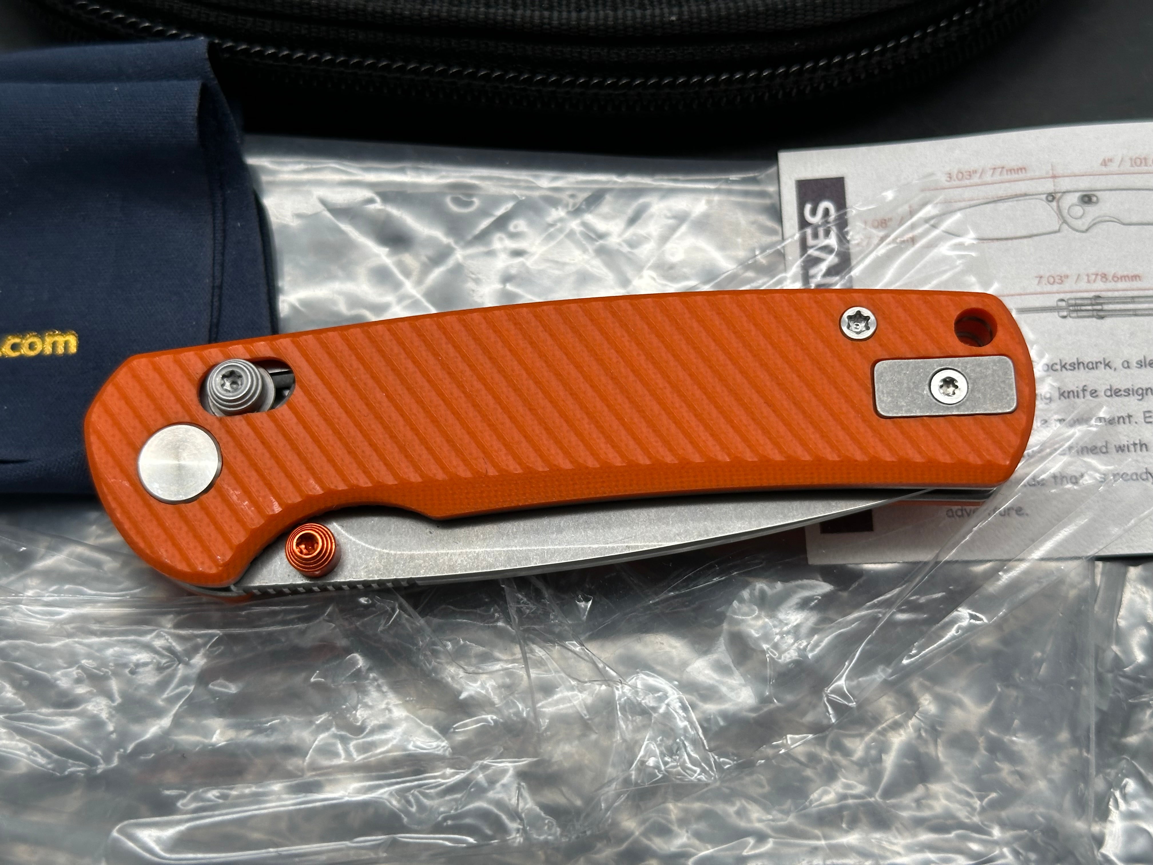 Vixino RockShark 3.03" 14C28N Stonewash Blade with Orange Angle Milled G10 Scales
