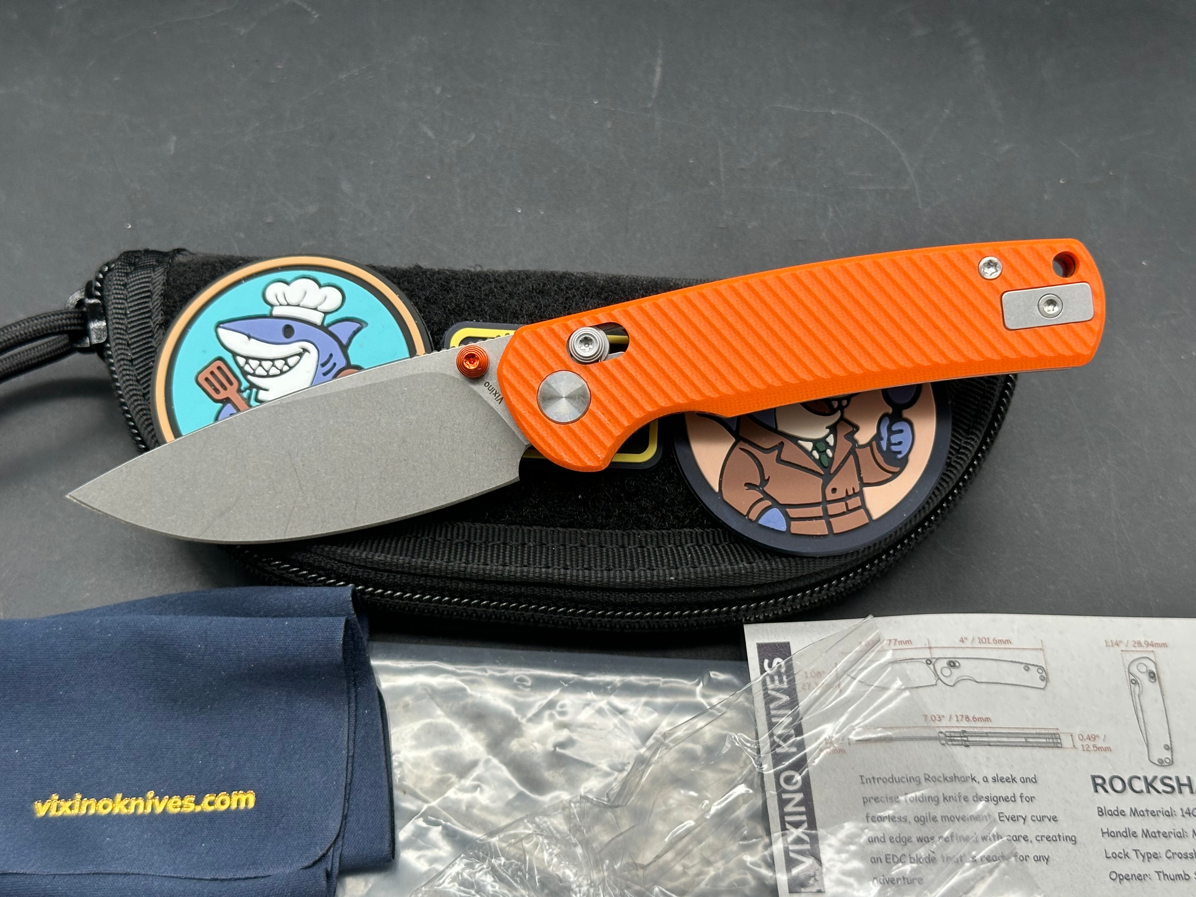 Vixino RockShark 3.03" 14C28N Stonewash Blade with Orange Angle Milled G10 Scales