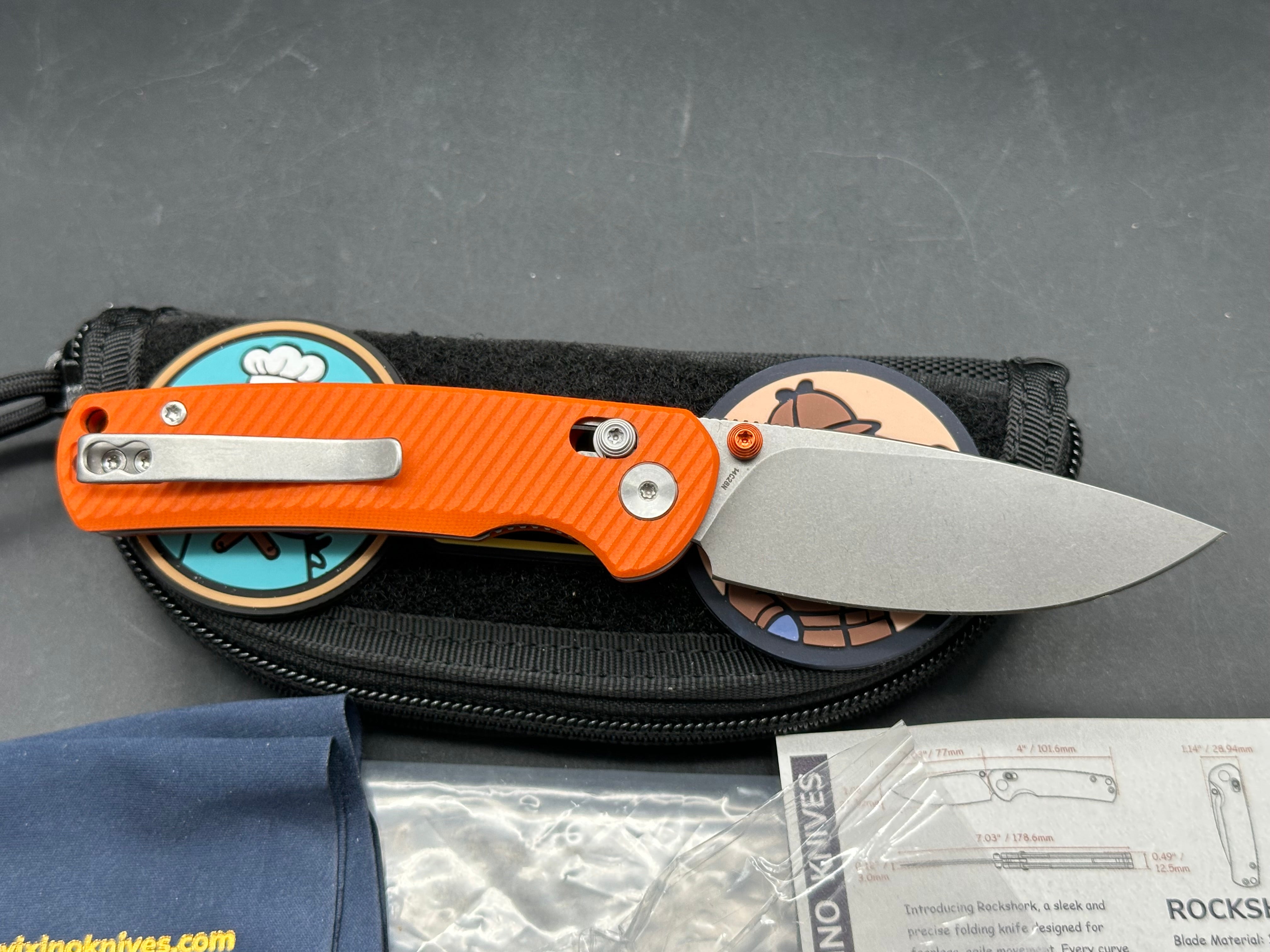 Vixino RockShark 3.03" 14C28N Stonewash Blade with Orange Angle Milled G10 Scales