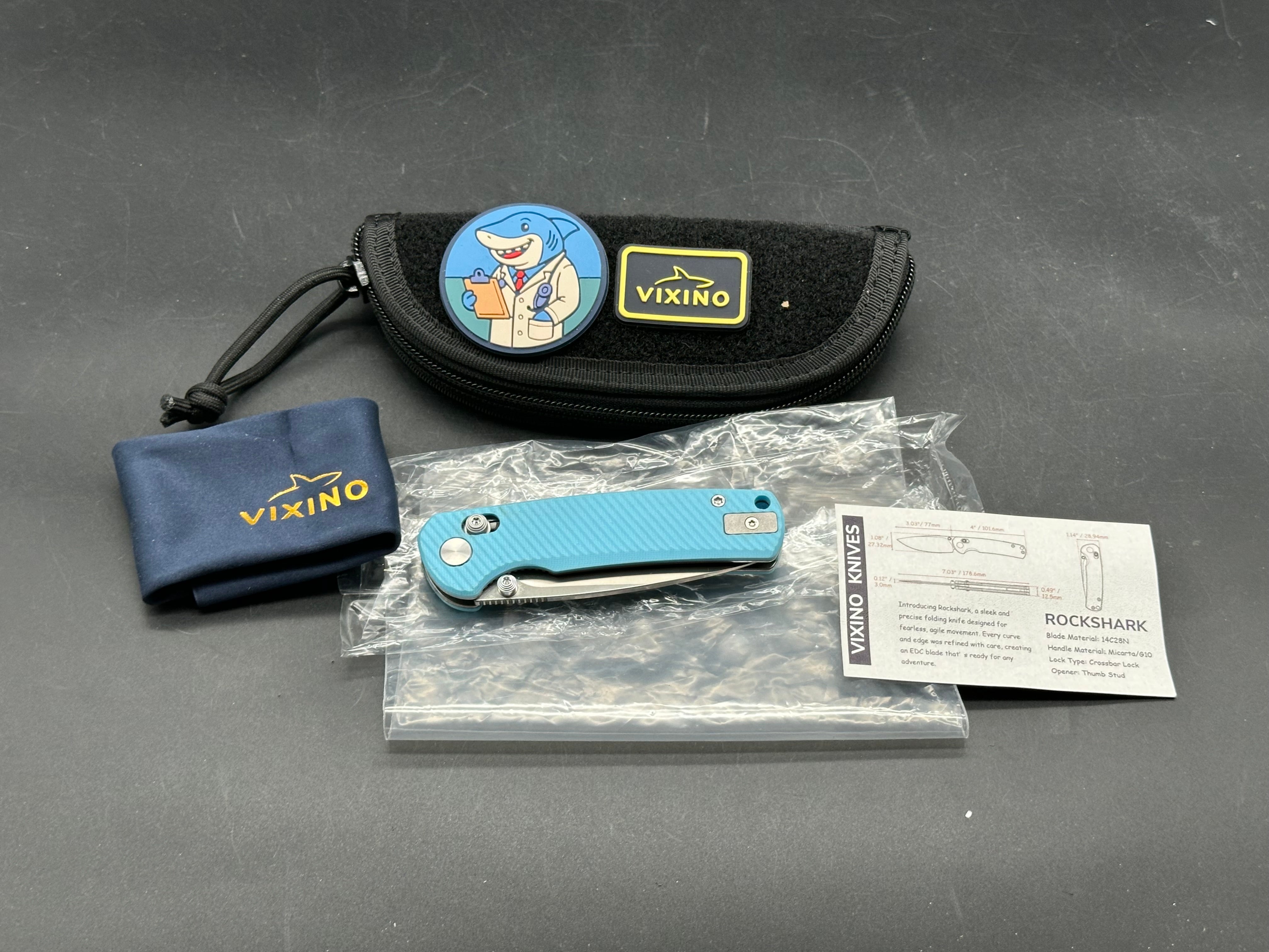 Vixino RockShark 3.03" 14C28N Satin Blade with Light Blue Angle Milled G10 Scales