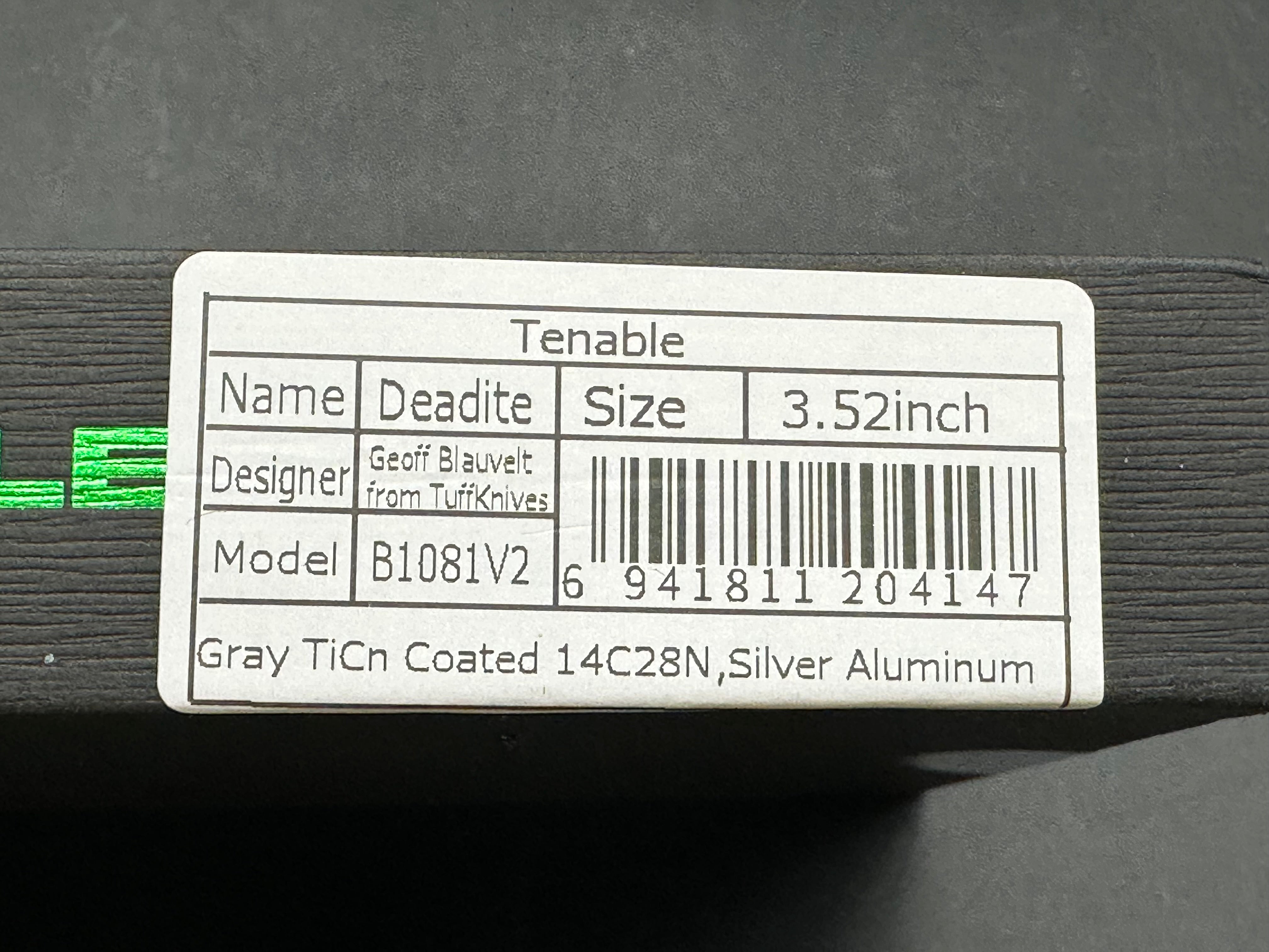 TENABLE DEADITE SILVER ALUMINUM HANDLE 14C28N CLIP POINT PLAIN GRAY TICN COATED BLADE