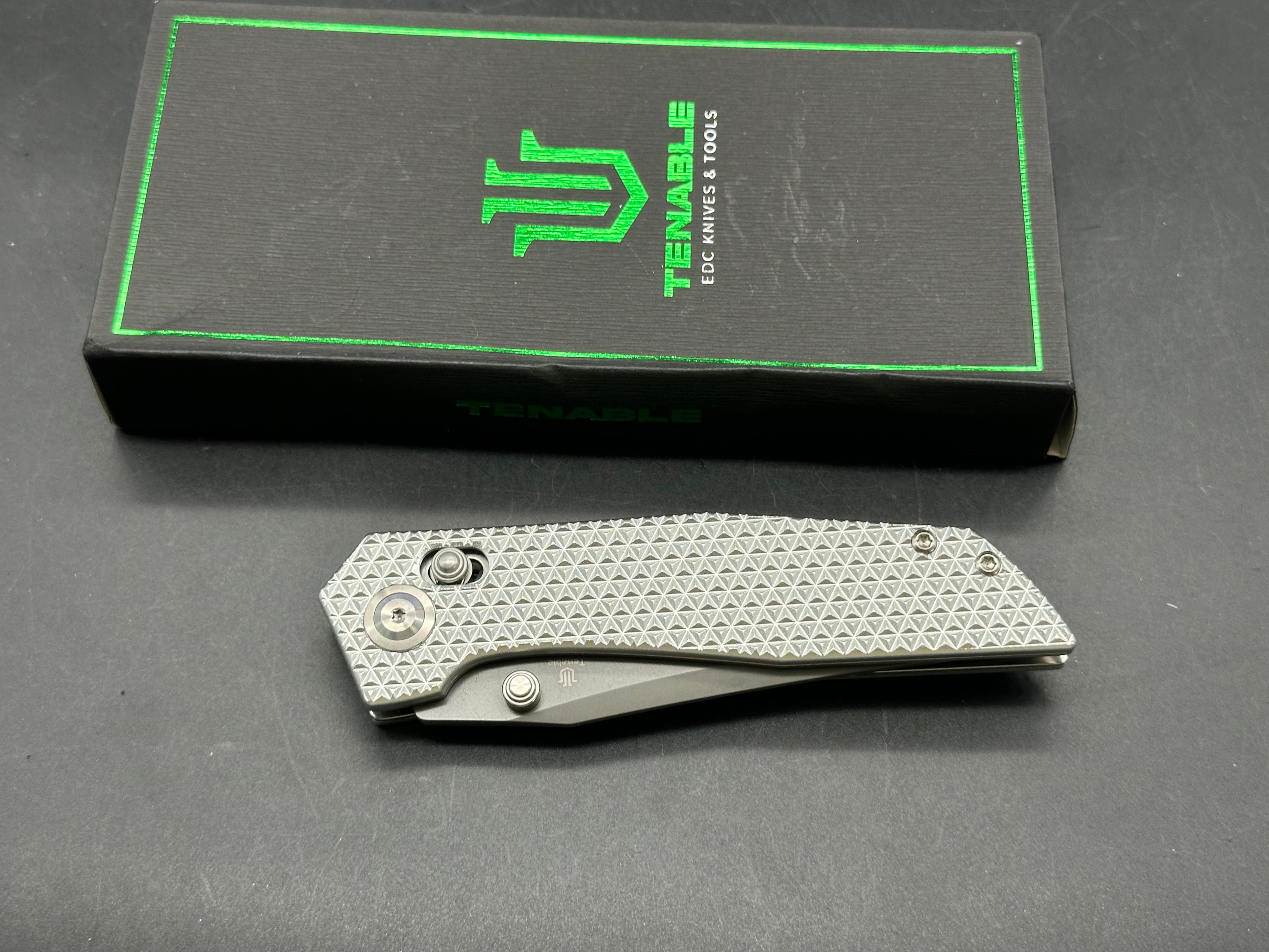 TENABLE DEADITE SILVER ALUMINUM HANDLE 14C28N CLIP POINT PLAIN GRAY TICN COATED BLADE