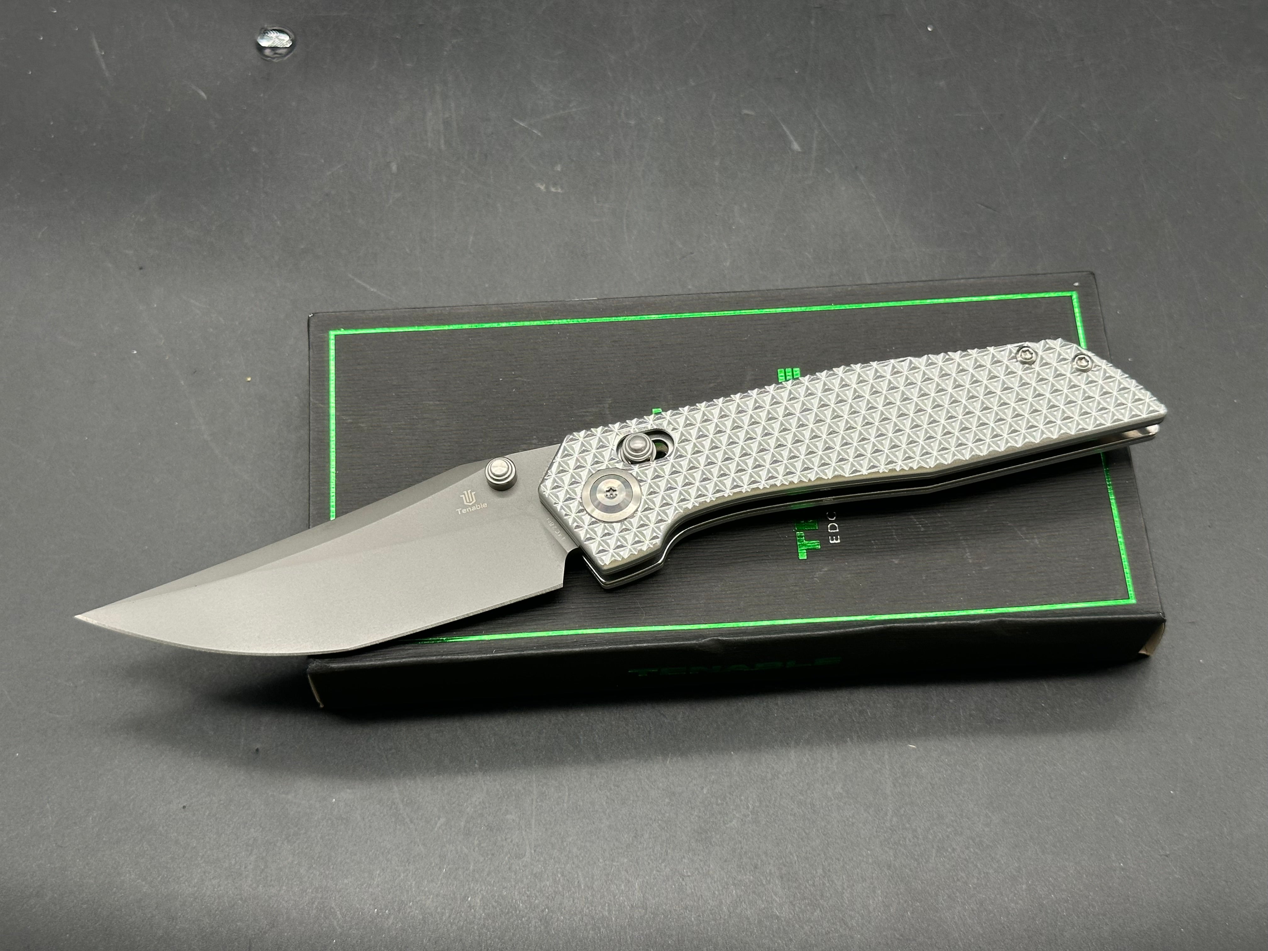 TENABLE DEADITE SILVER ALUMINUM HANDLE 14C28N CLIP POINT PLAIN GRAY TICN COATED BLADE
