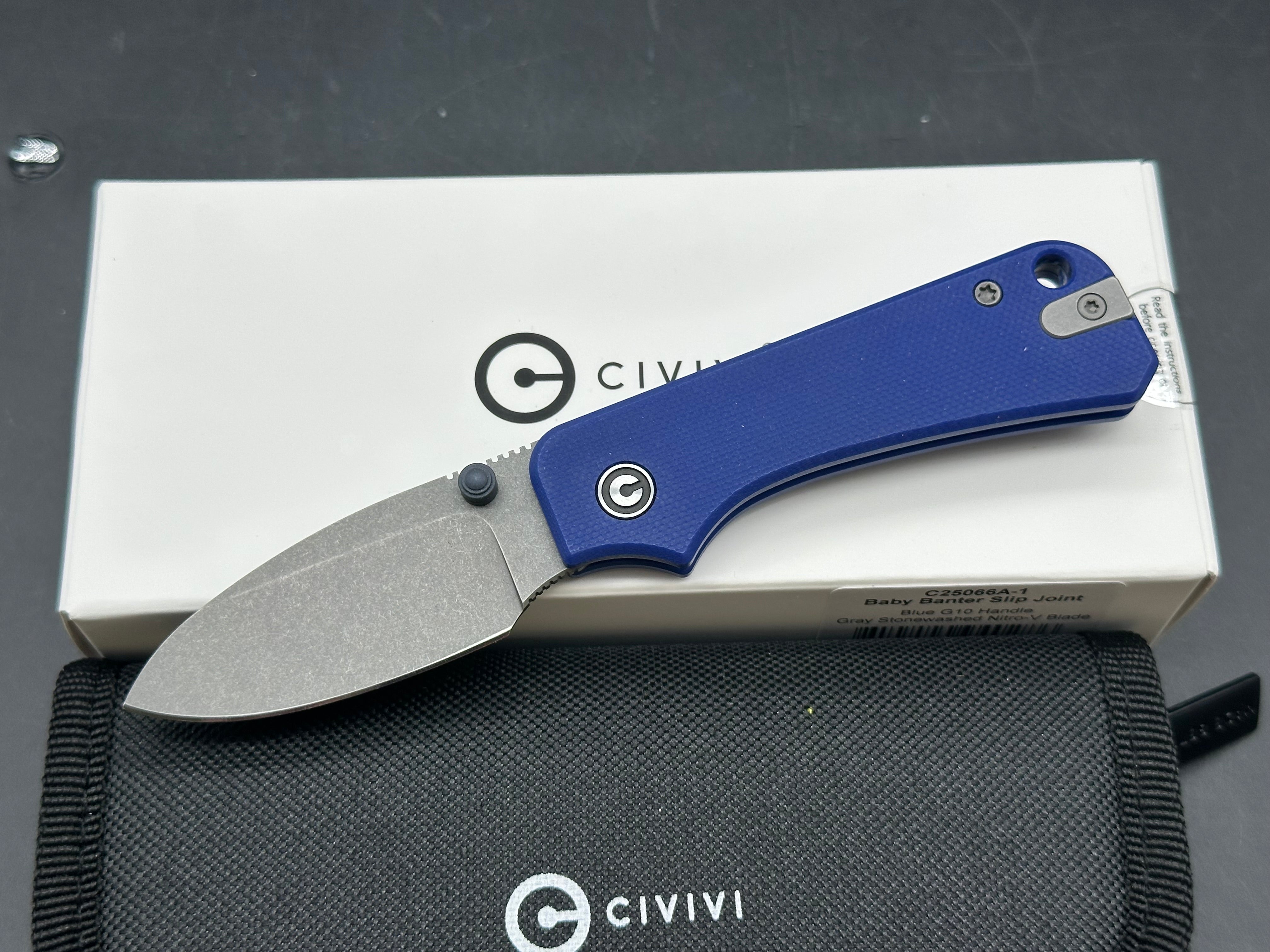 CIVIVI BABY BANTER BLUE G10 HANDLE NITRO-V PLAIN EDGE GRAY STONEWASH FINISH