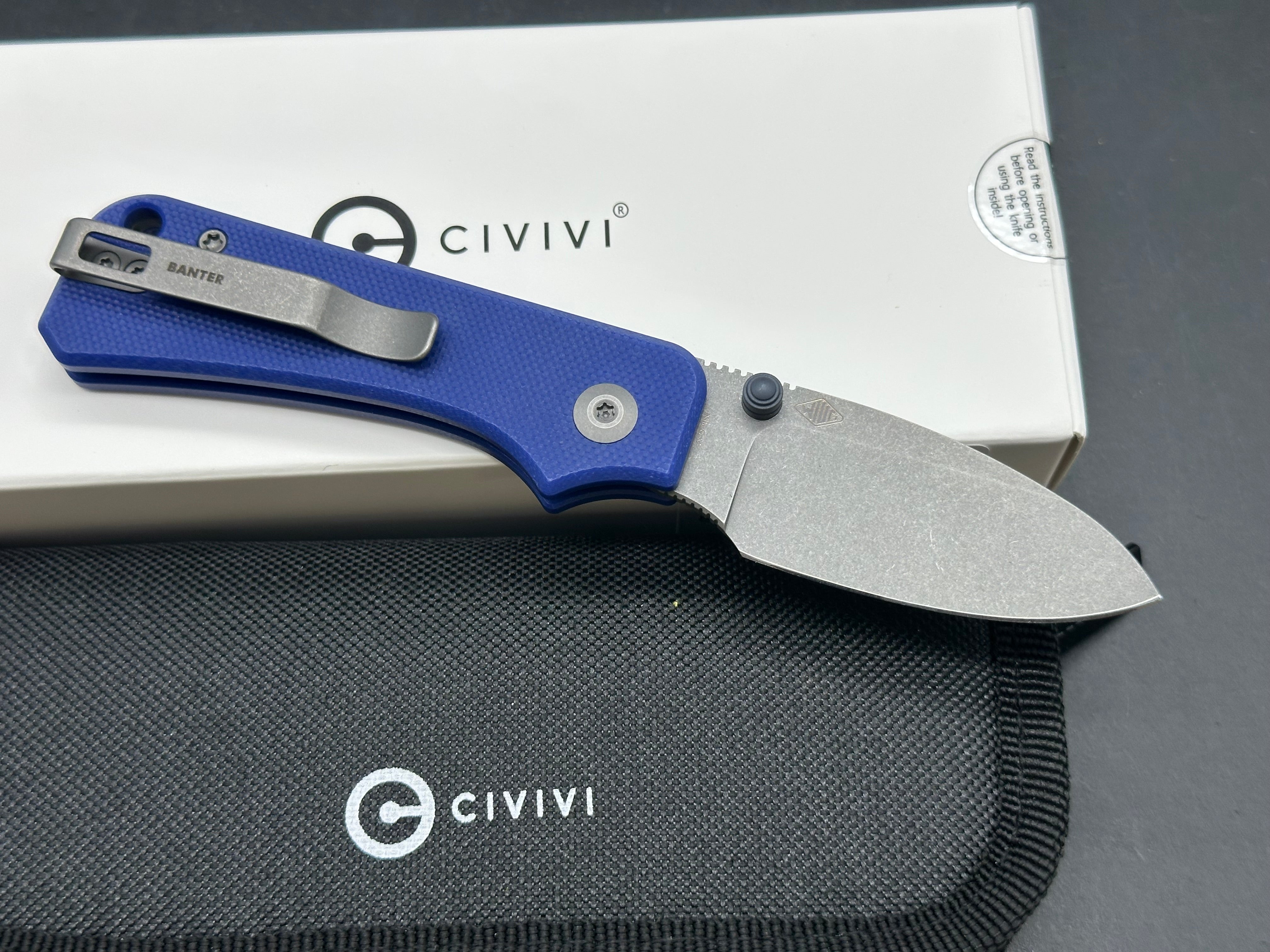 CIVIVI BABY BANTER BLUE G10 HANDLE NITRO-V PLAIN EDGE GRAY STONEWASH FINISH