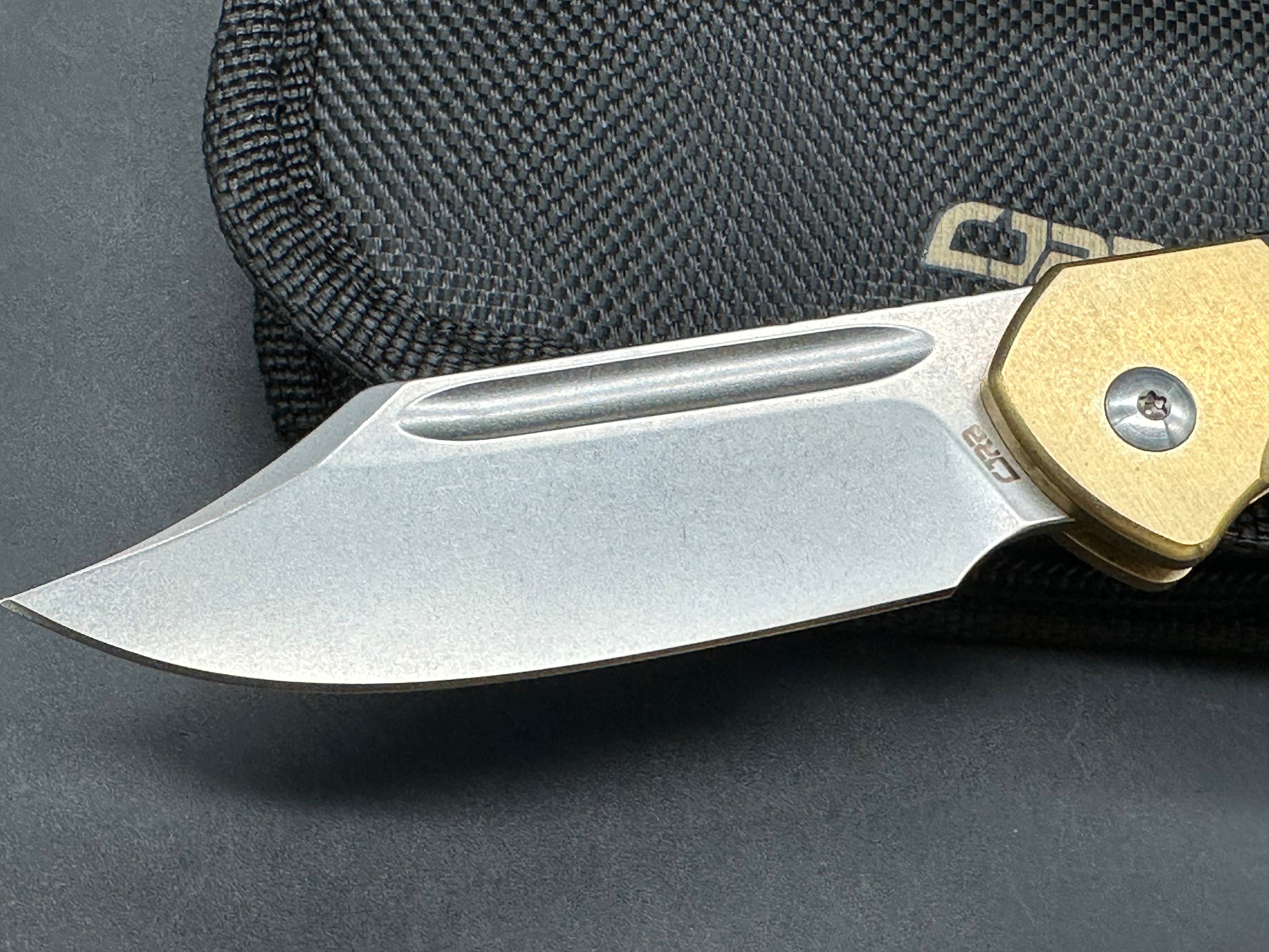CJRB BOWIE PYRITE FOLDING KNIFE BRASS/WOOD HANDLE AR-RPM9 CLIP POINT PLAIN EDGE STONEWASH FINISH
