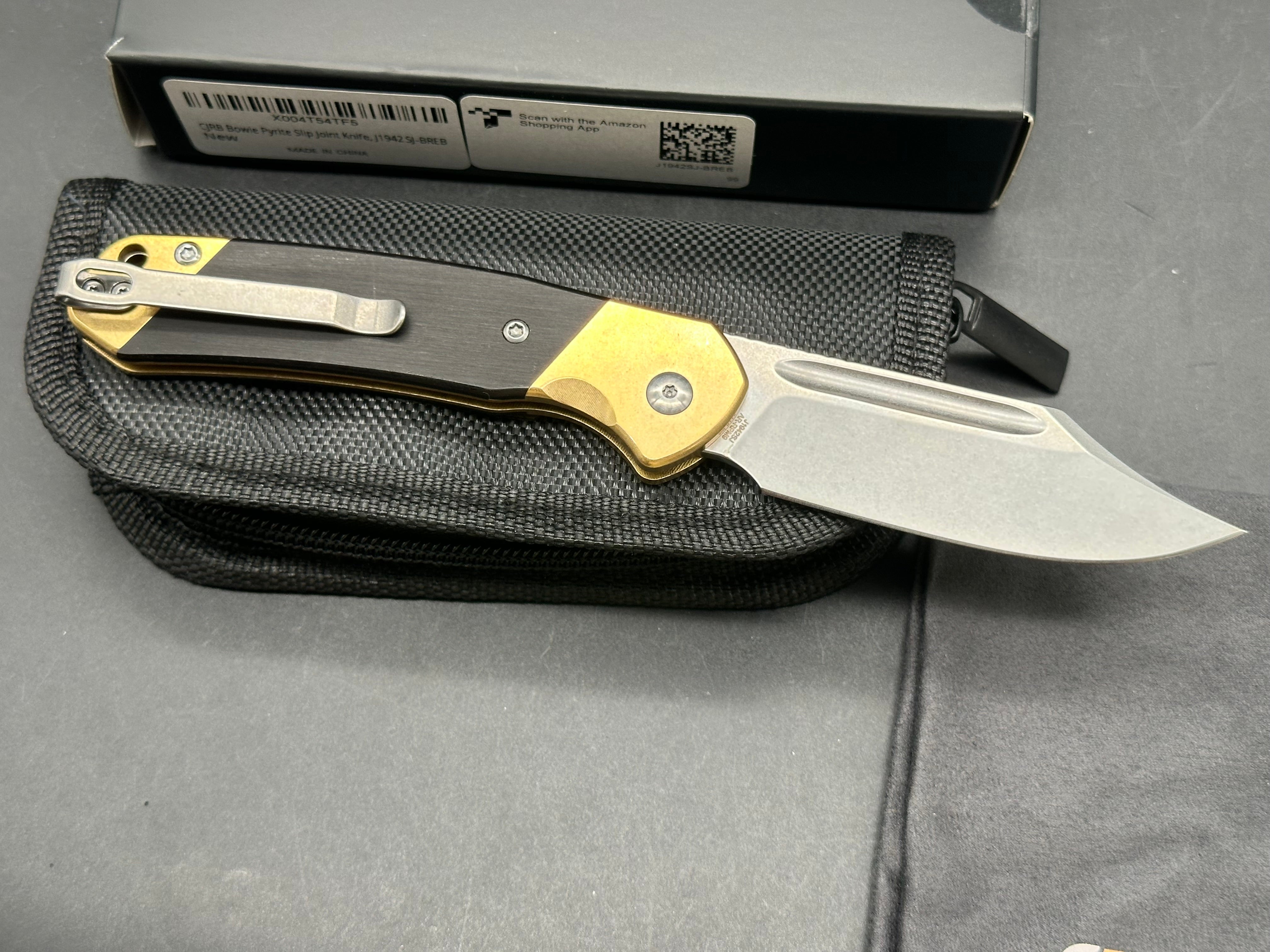 CJRB BOWIE PYRITE FOLDING KNIFE BRASS/WOOD HANDLE AR-RPM9 CLIP POINT PLAIN EDGE STONEWASH FINISH