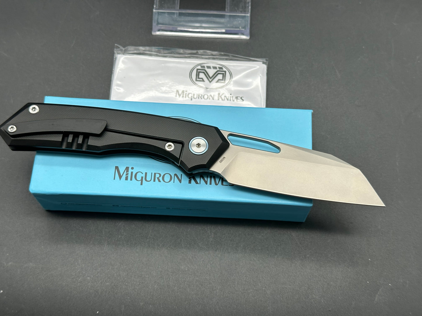 Miguron Keryx II Front Flipper, Sandblasted M390 Blade, Black PVD Titanium Handles