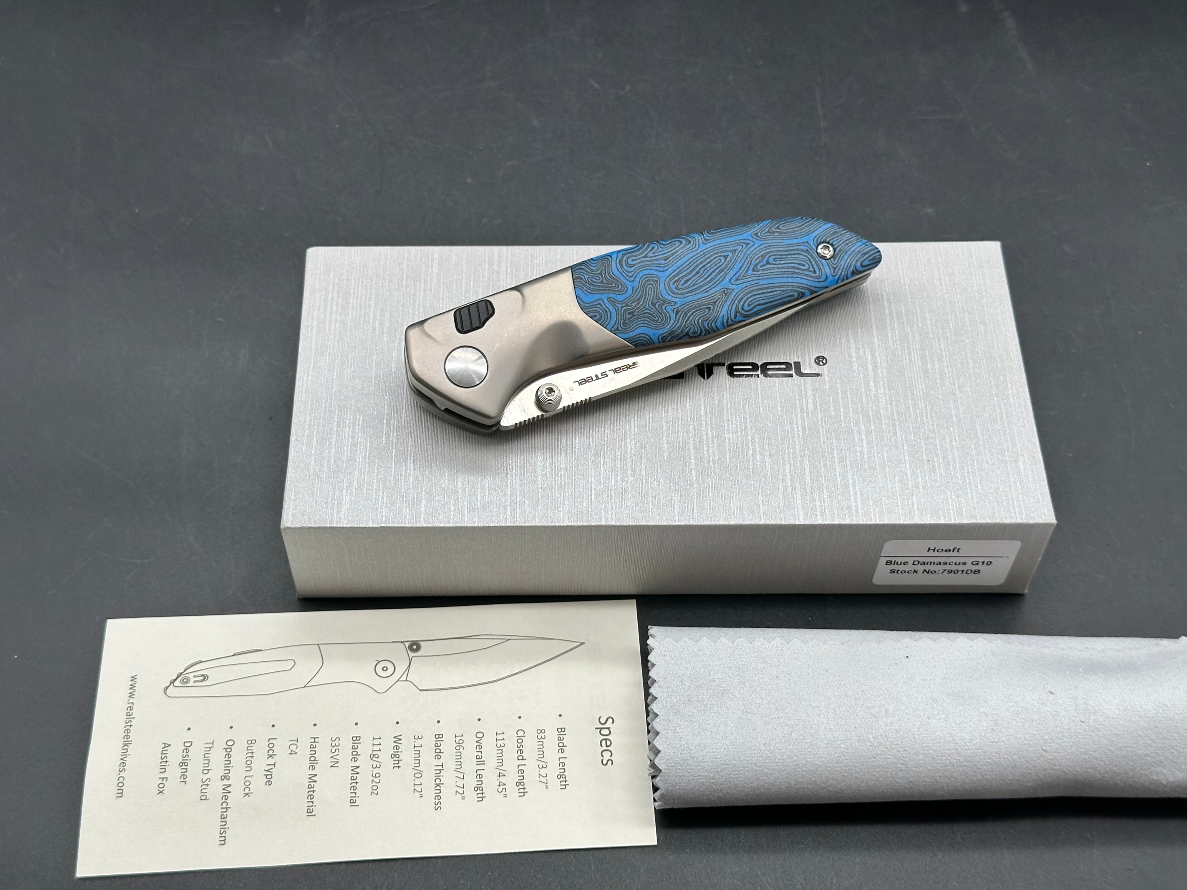 Real Steel Hoeft | S35VN | Titanium & Blue Damascus G10