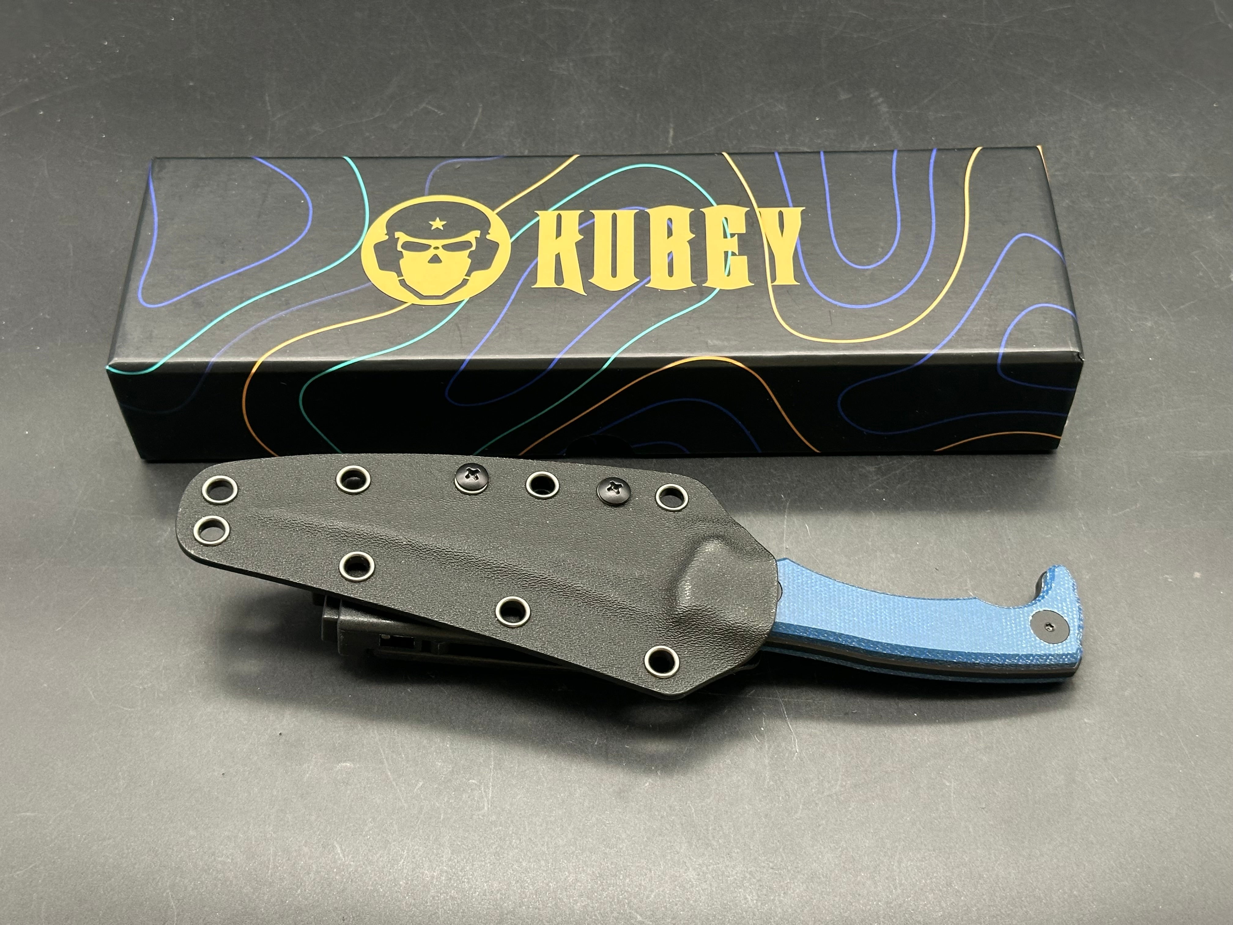 Kubey Knives Sicarii Full Tang Fixed Blade Blue Micarta Black /14C28N Blade