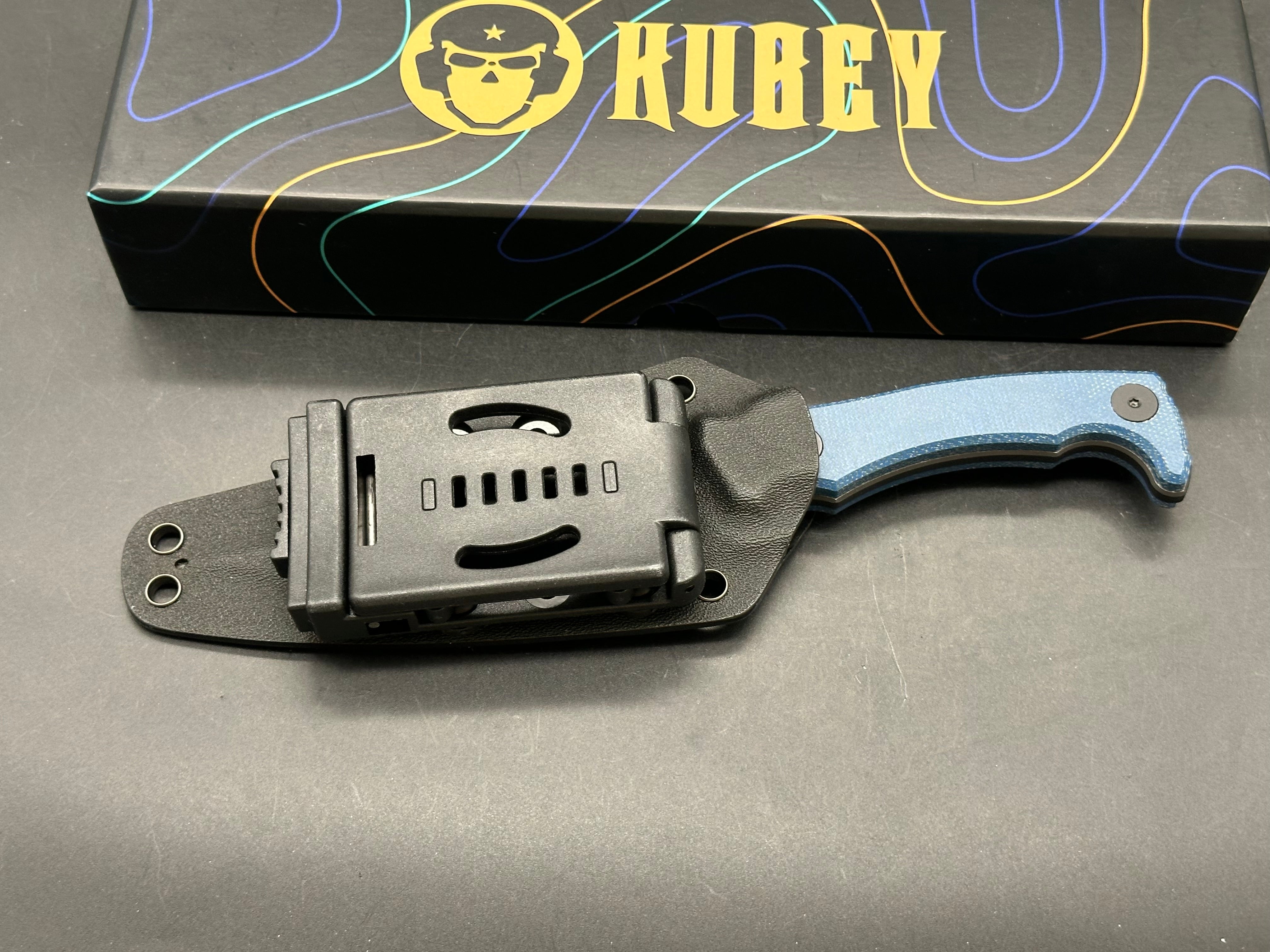 Kubey Knives Sicarii Full Tang Fixed Blade Blue Micarta Black /14C28N Blade