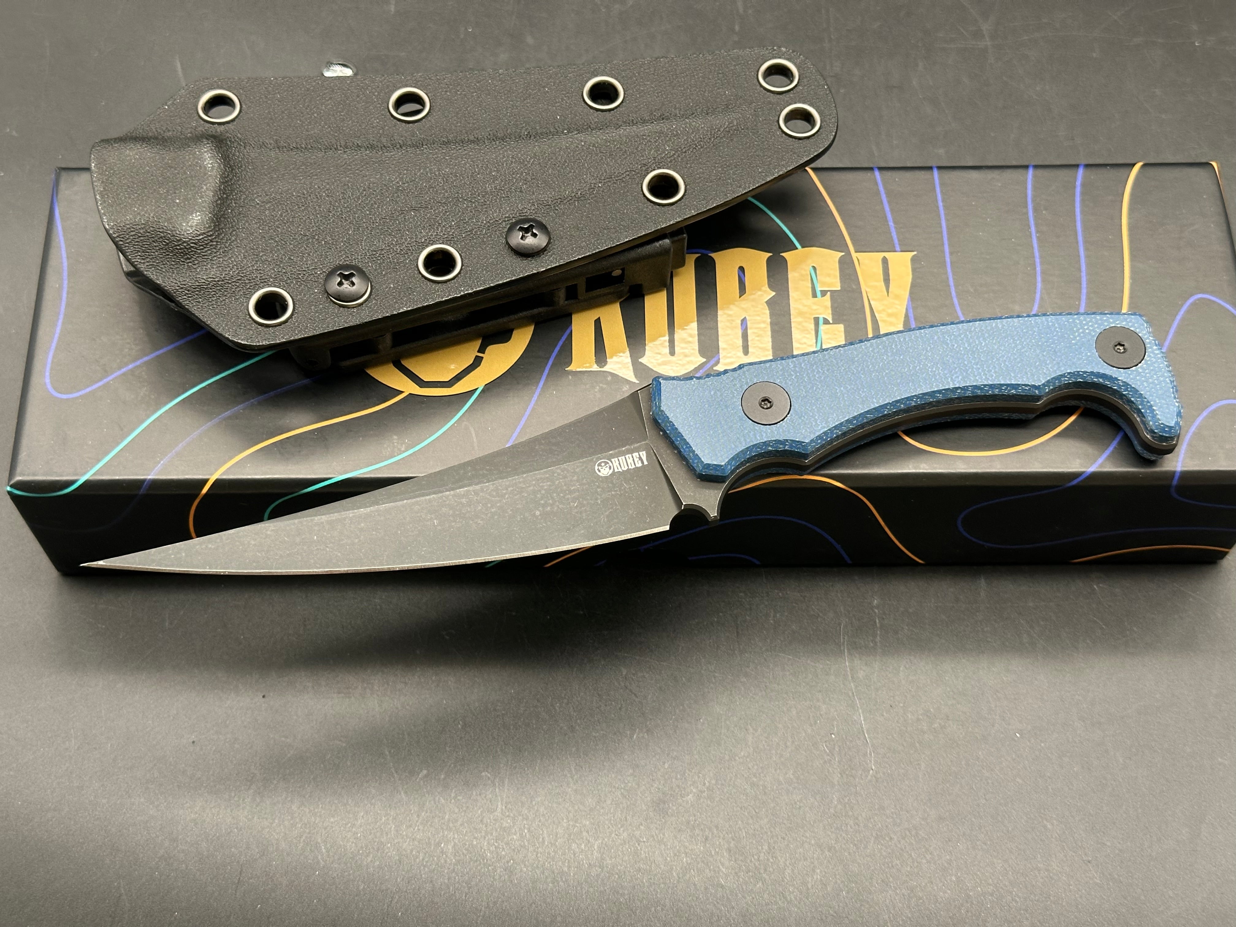 Kubey Knives Sicarii Full Tang Fixed Blade Blue Micarta Black /14C28N Blade