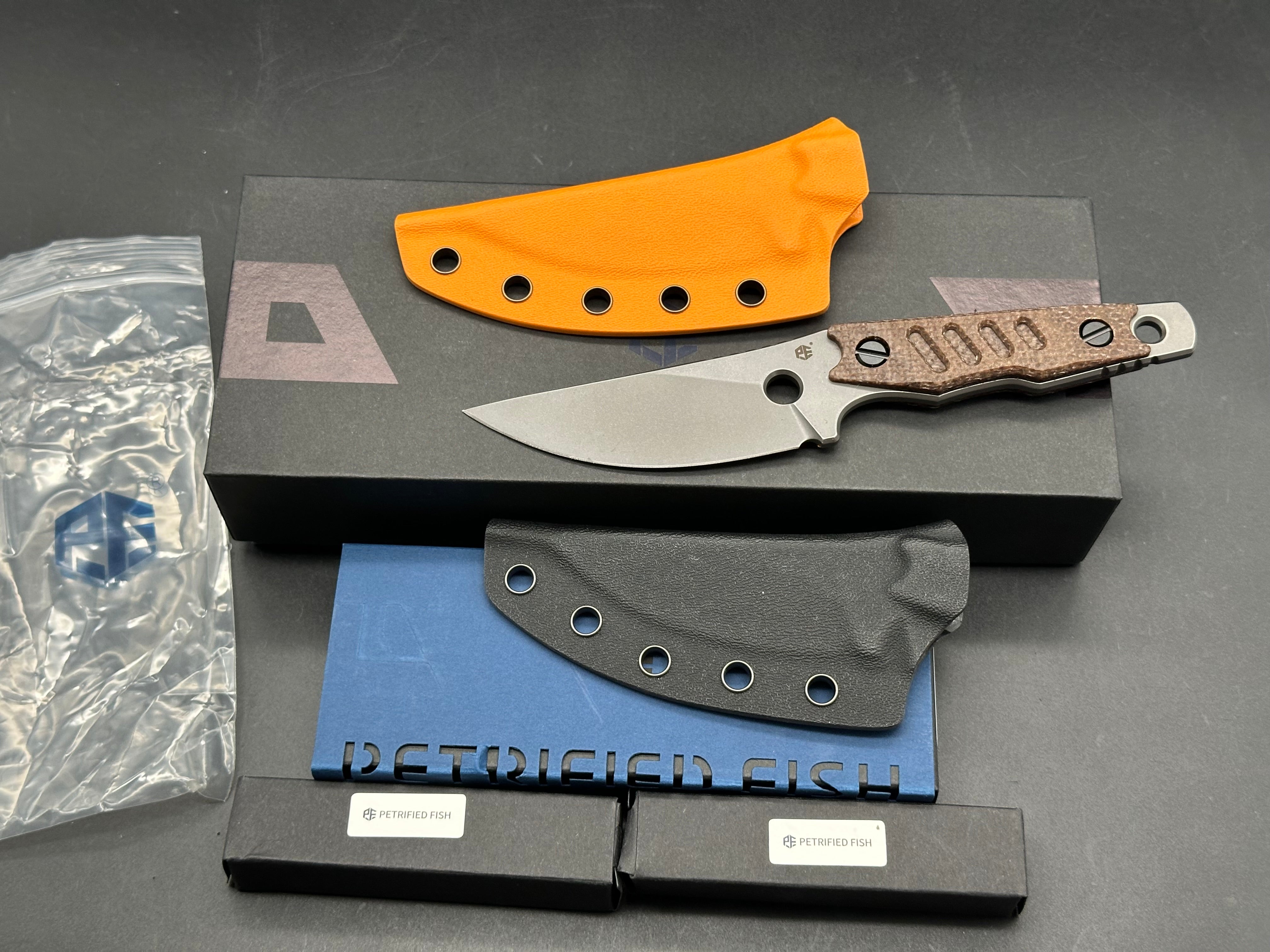 Petrified Fish PFE18 - Bison L, N690 Steel Skeleton knife W/extra scales