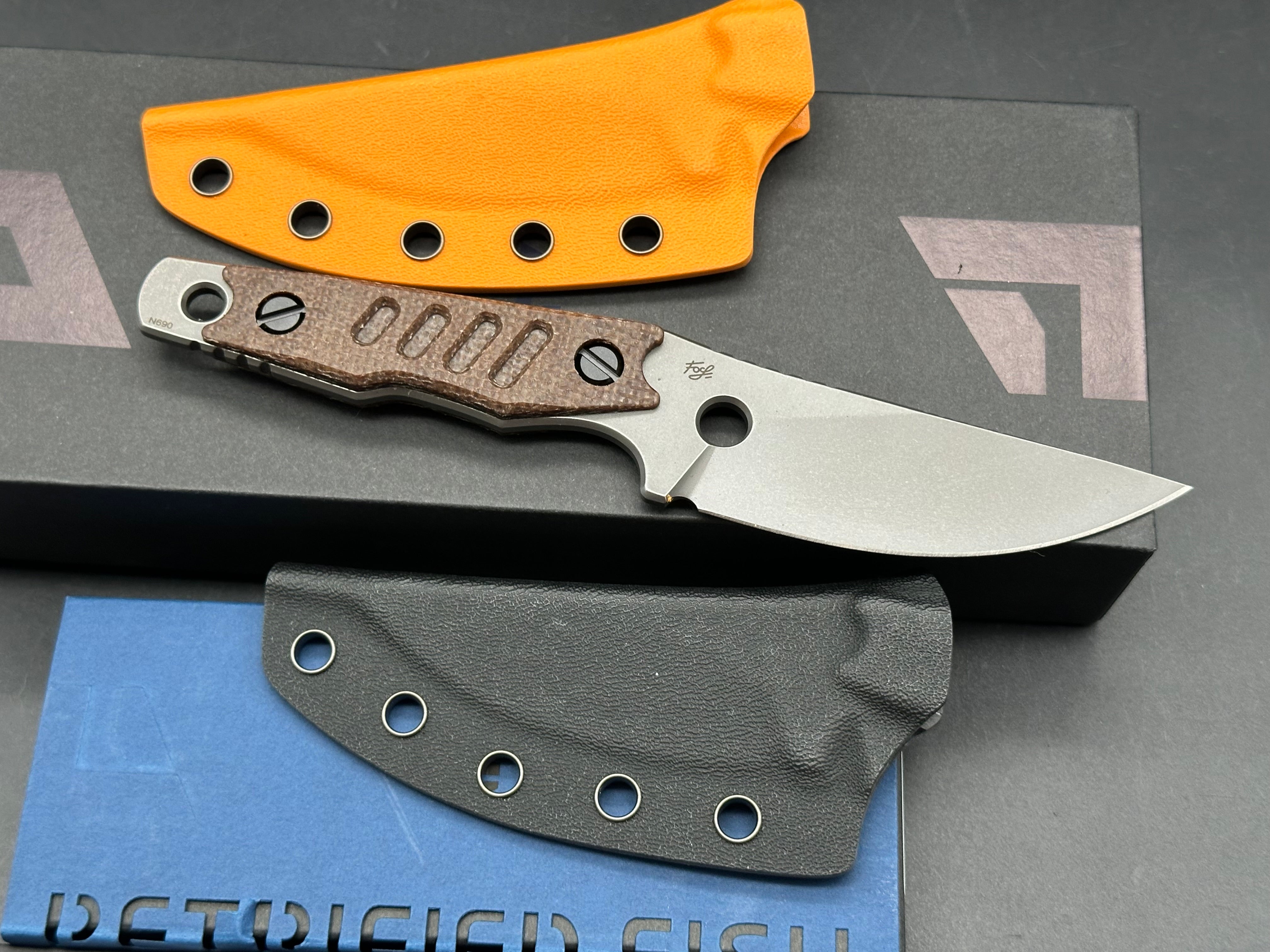 Petrified Fish PFE18 - Bison L, N690 Steel Skeleton knife W/extra scales