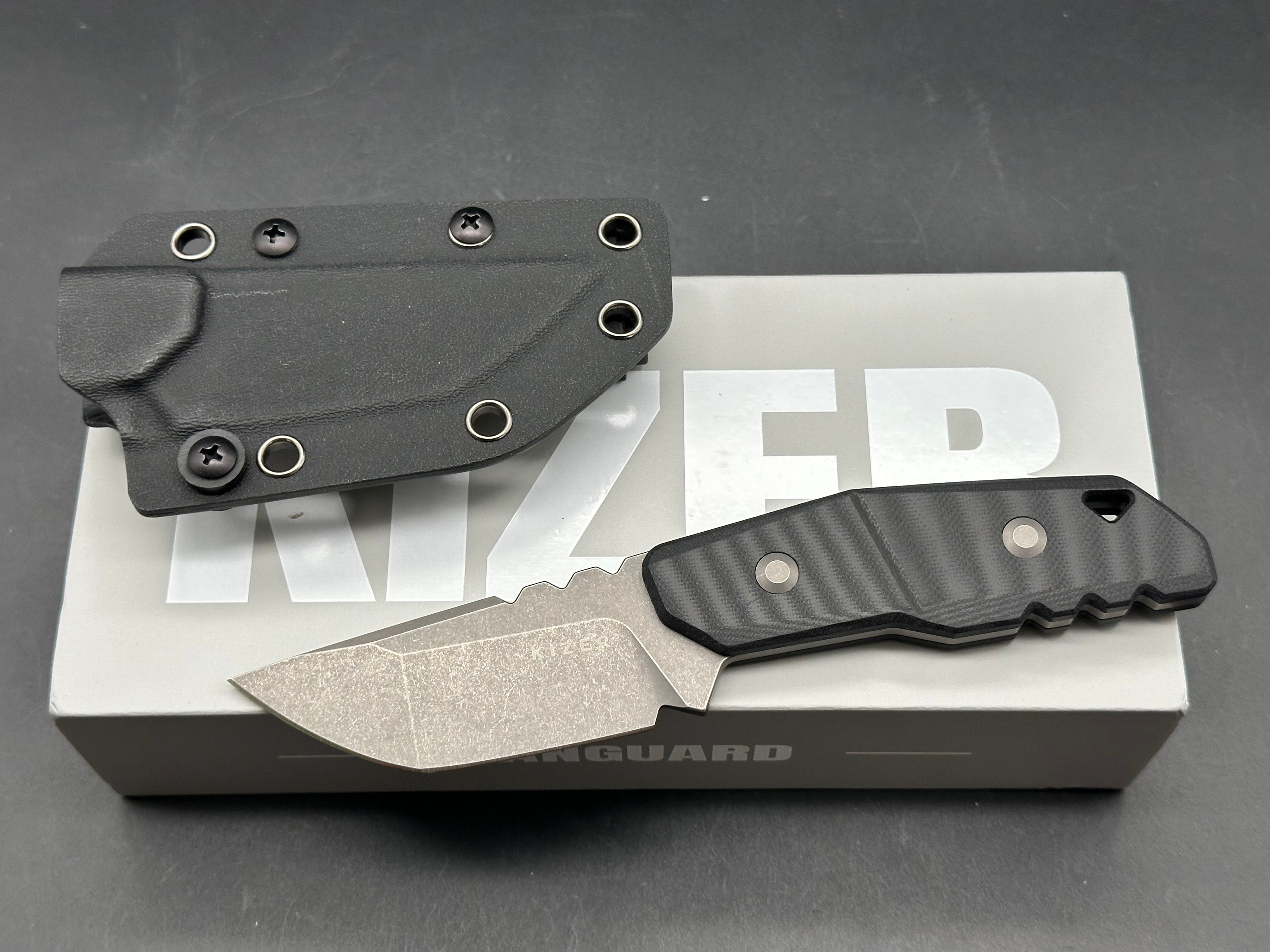 KIZER QUARTZ FIXED BLADE KNIFE BLACK G10 HANDLE AEB-L TANTO PLAIN EDGE GRAY STONEWASH FINISH