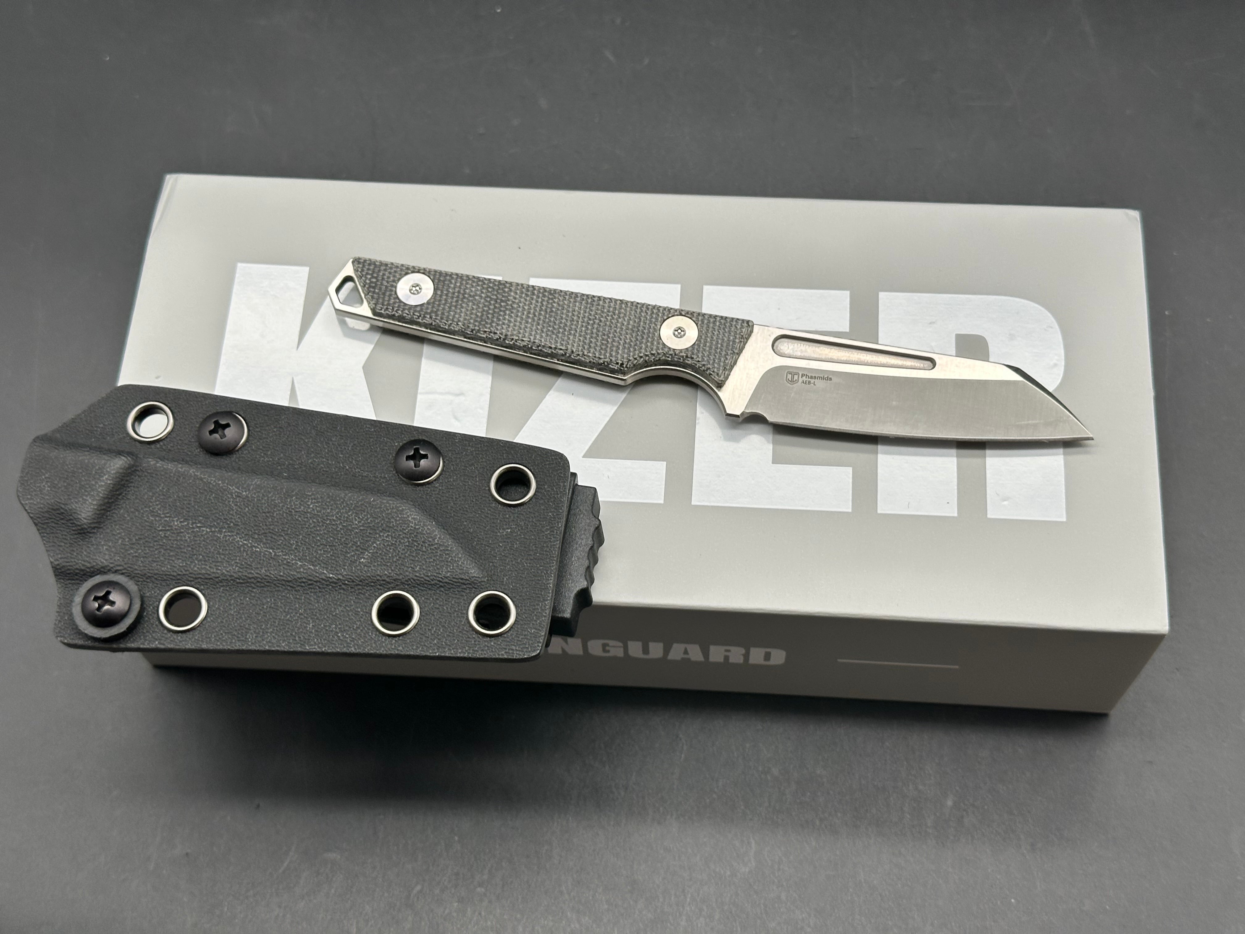 KIZER PHASMIDS FIXED BLADE KNIFE BLACK MICARTA HANDLE AEB-L SHEEPSFOOT PLAIN EDGE SATIN FINISH