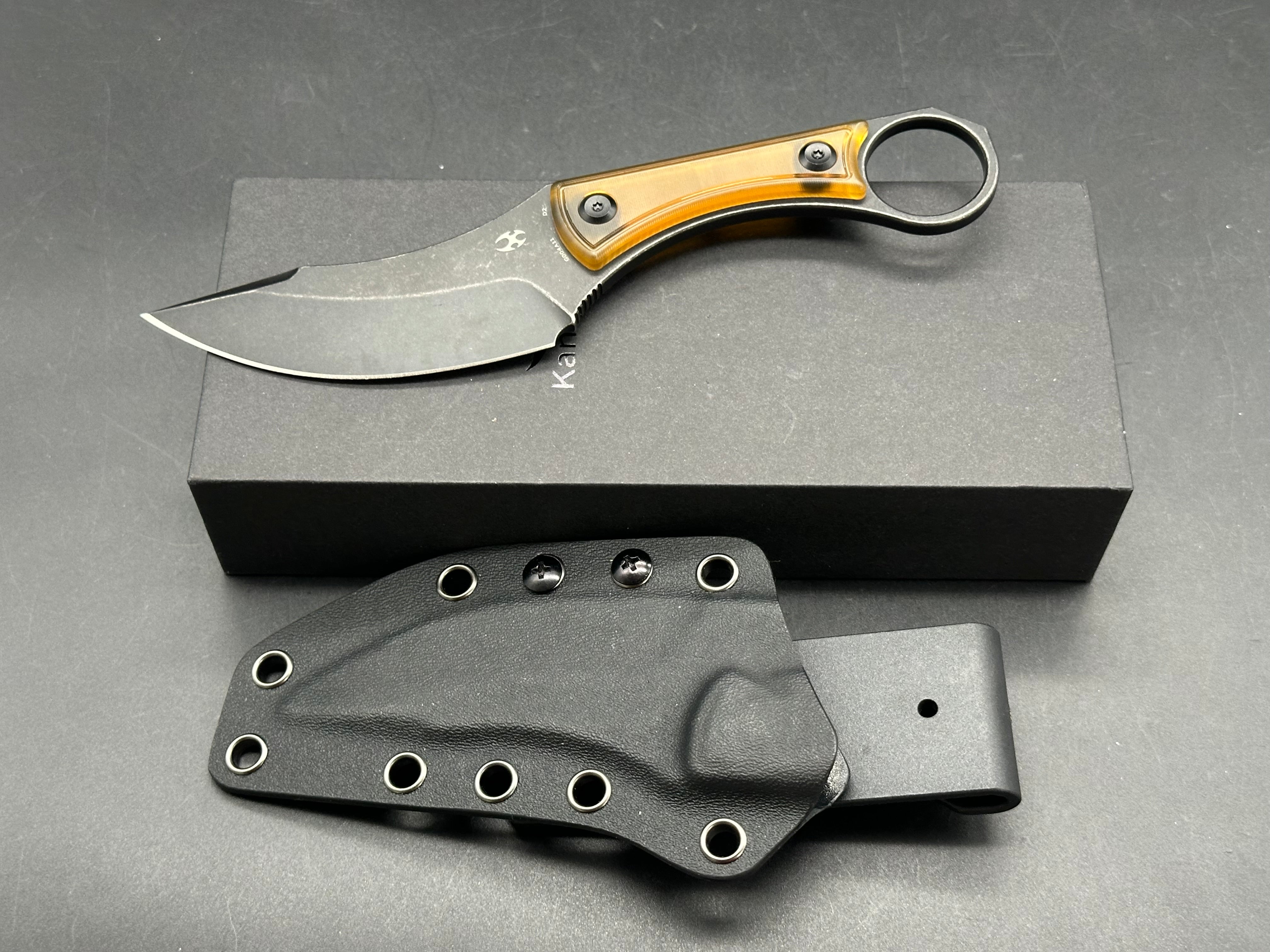 KANSEPT NIKO FIXED KNIFE AMBER PEI HANDLE (3.54'' BLACKWASH D2 BLADE )
