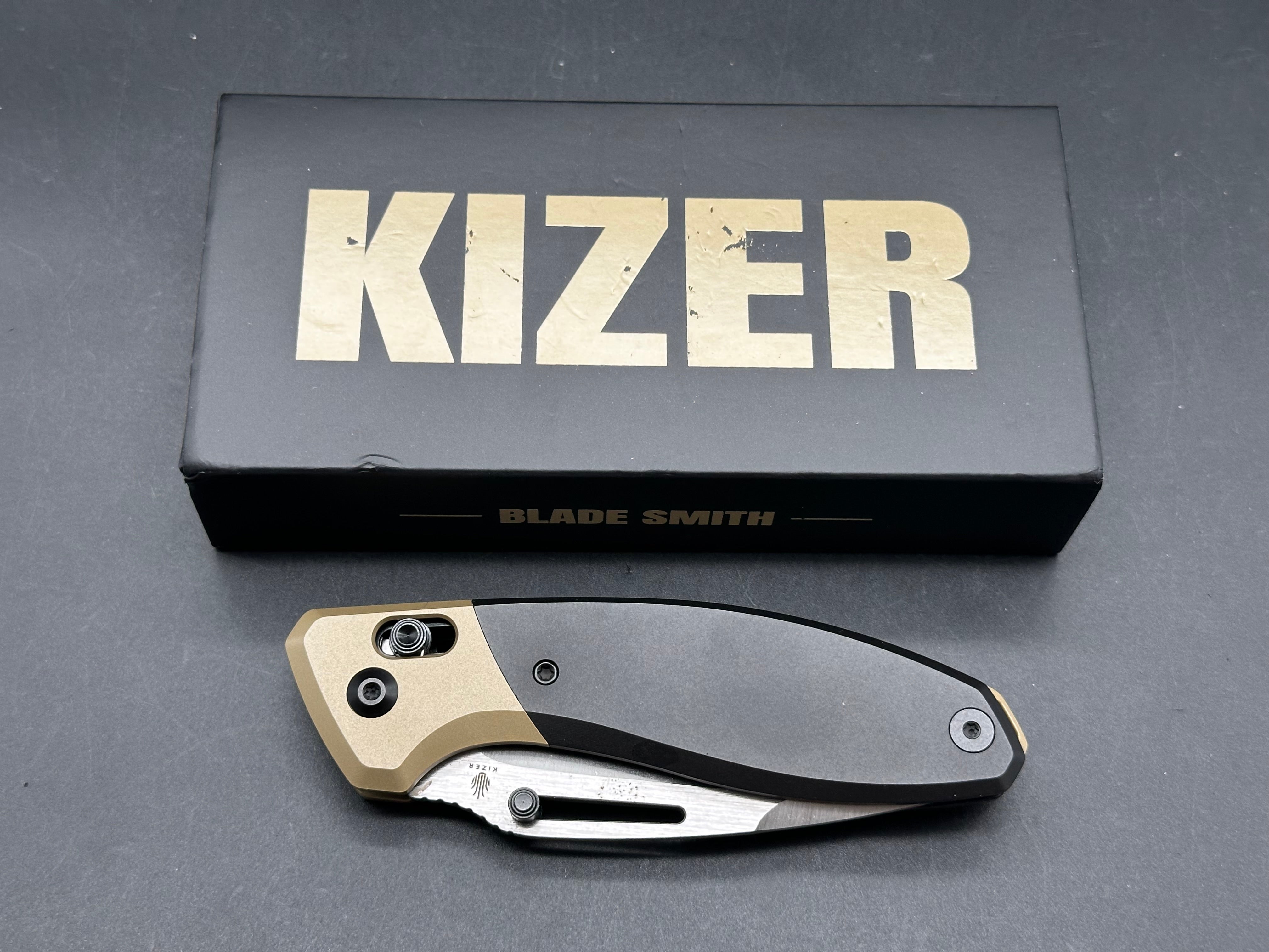 KIZER BULLI BLACK/BROWN TITANIUM HANDLE S45VN DROP POINT PLAIN EDGE HAND BRUSHED FINISH