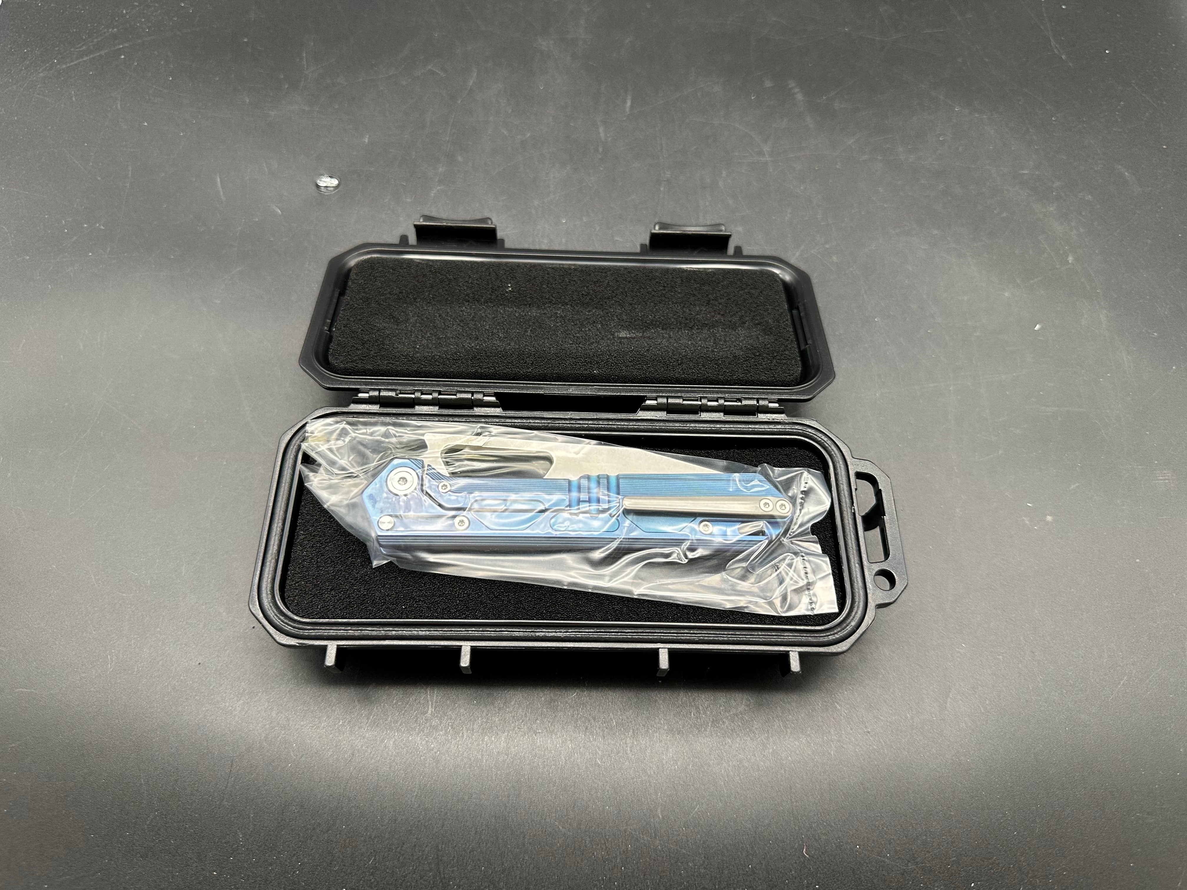 Tacray DT-03, 3.75" VG10 Stonewash Blade that has 4.2" of Cutting Edge w/ Blue Titanium Scales