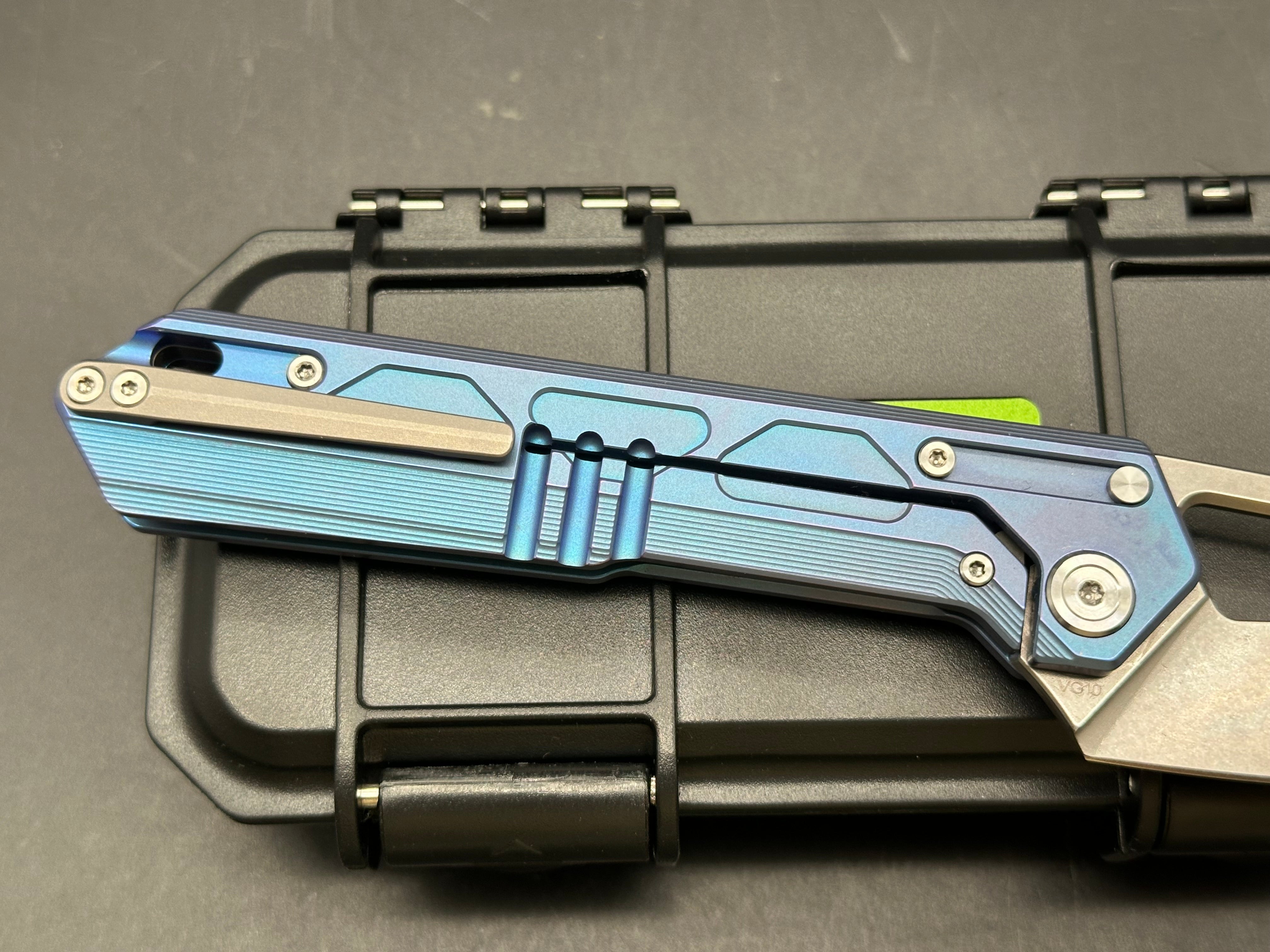 Tacray DT-03, 3.75" VG10 Stonewash Blade that has 4.2" of Cutting Edge w/ Blue Titanium Scales