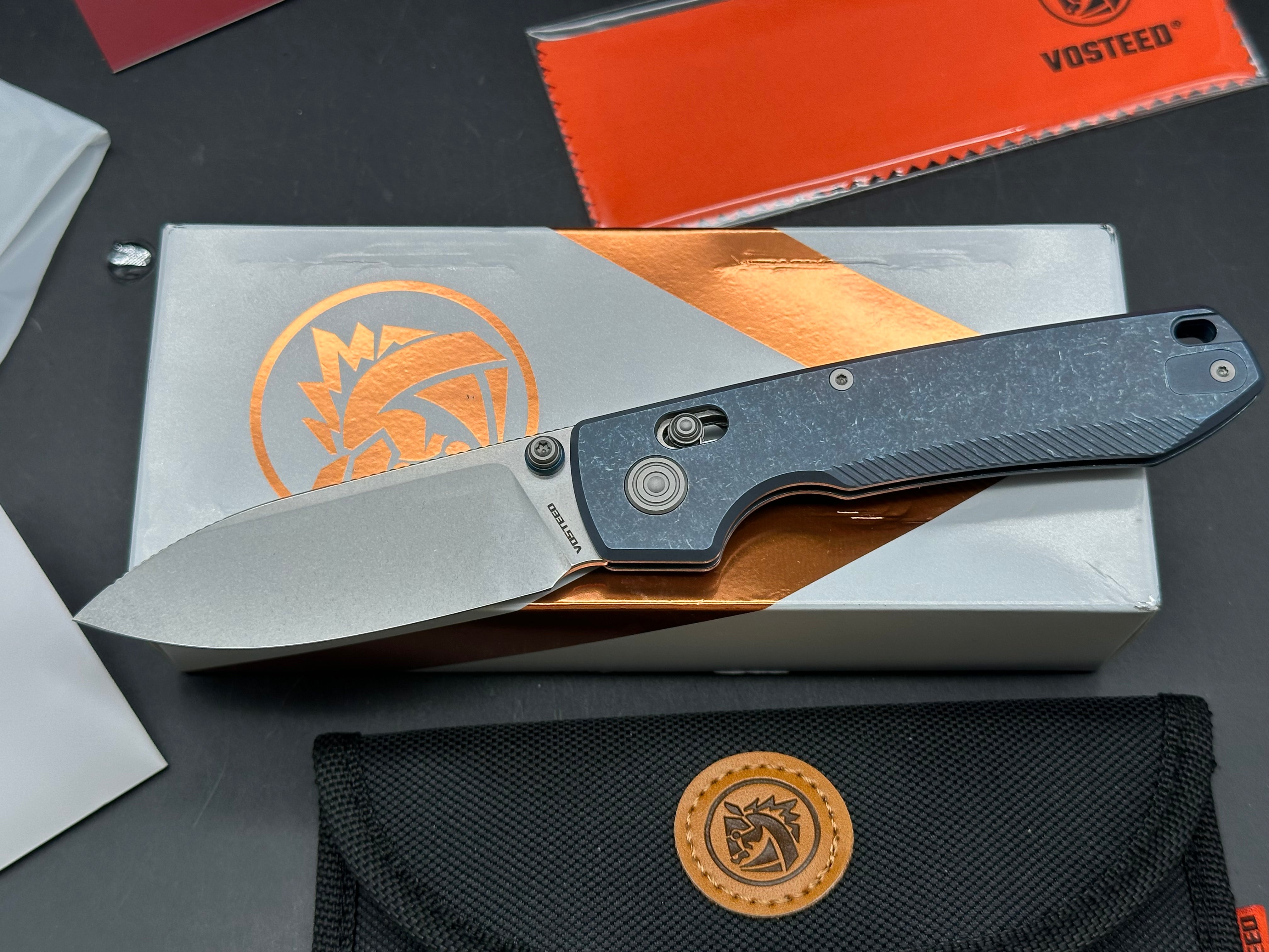Vosteed Raccoon TiSlim 3.18" 154CM Stonewash Blade w/ Blue Titanium Scales