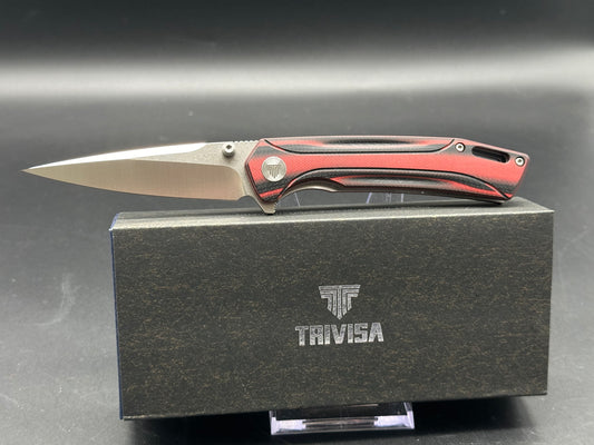 TRIVISA VOLANS-03RB FOLDING KNIFE RED/BLACK G10 HANDLE 154CM PLAIN EDGE STONEWASH/SATIN FINISH