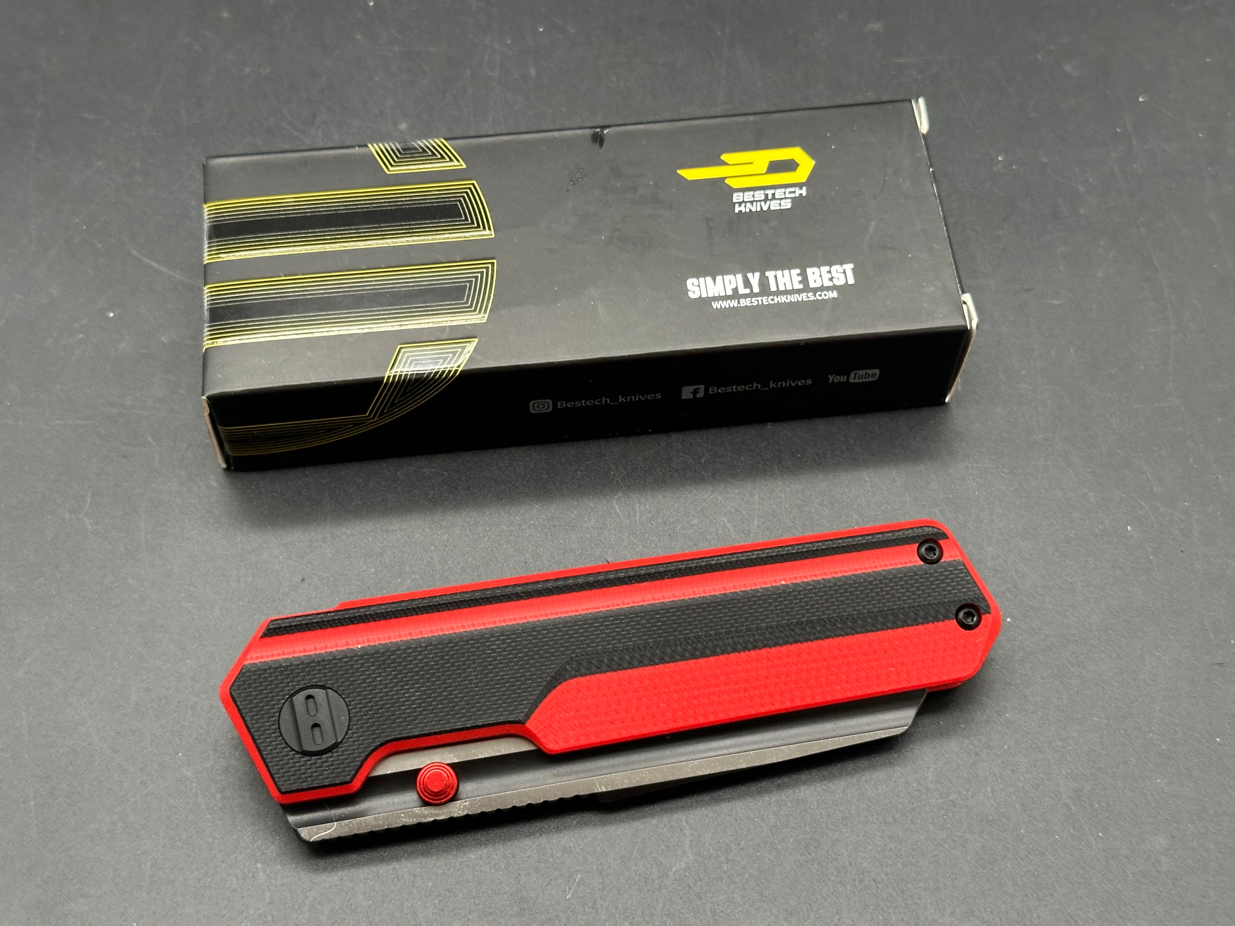 BESTECH TARDIS FOLDING KNIFE BLACK/RED G10 HANDLE D2 PLAIN BLACK DLC/SATIN BLADE