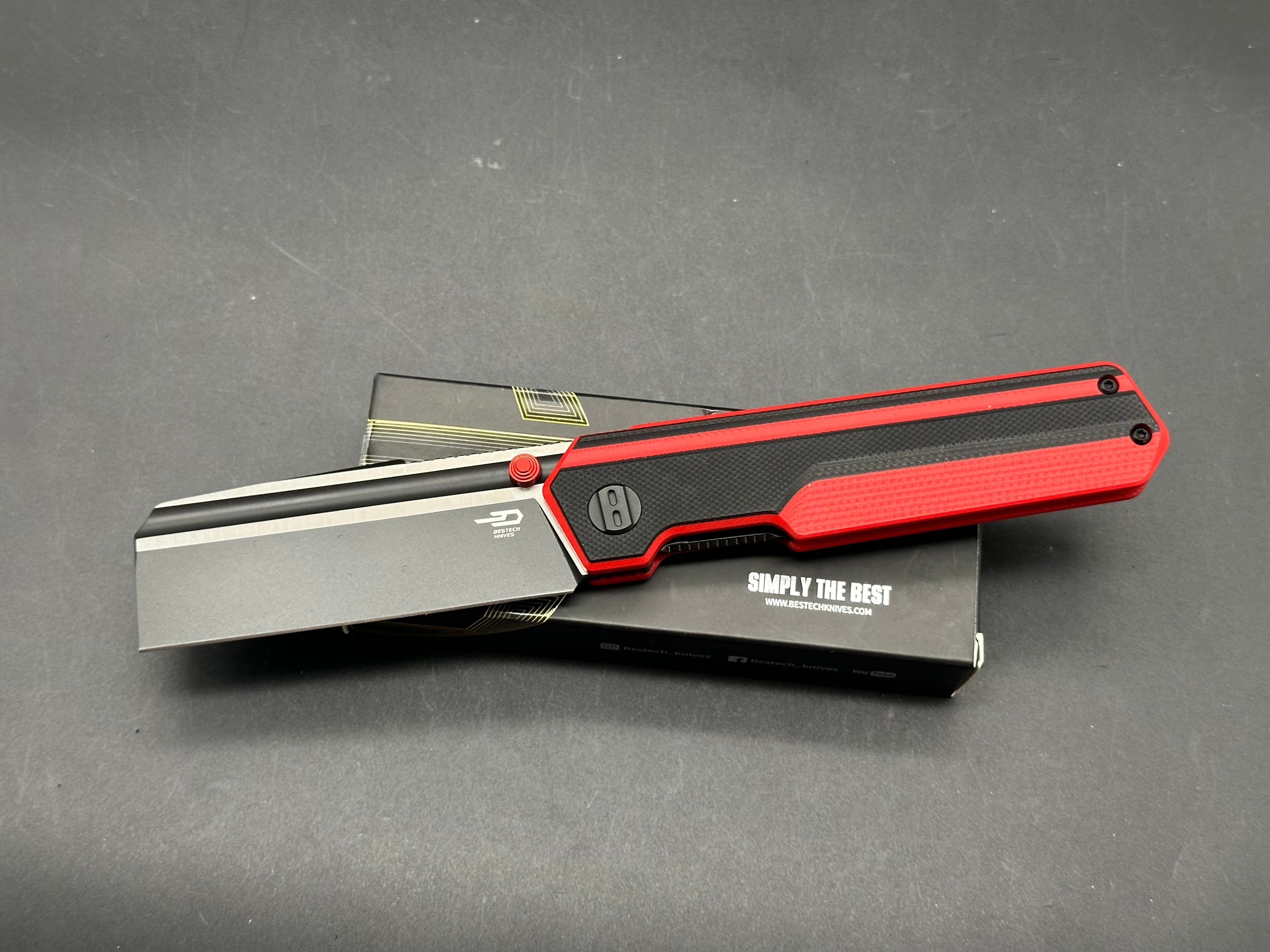 BESTECH TARDIS FOLDING KNIFE BLACK/RED G10 HANDLE D2 PLAIN BLACK DLC/SATIN BLADE