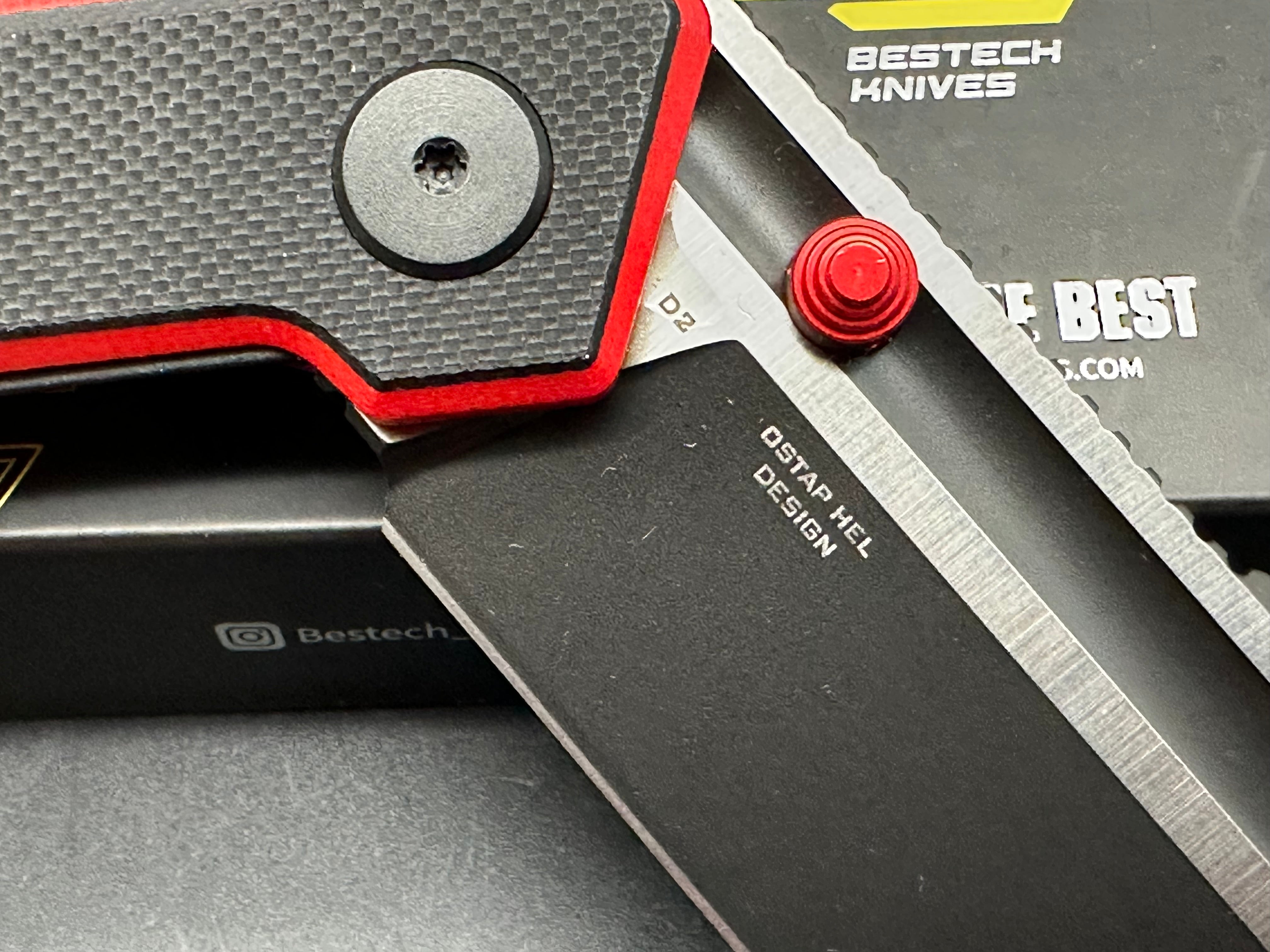 BESTECH TARDIS FOLDING KNIFE BLACK/RED G10 HANDLE D2 PLAIN BLACK DLC/SATIN BLADE