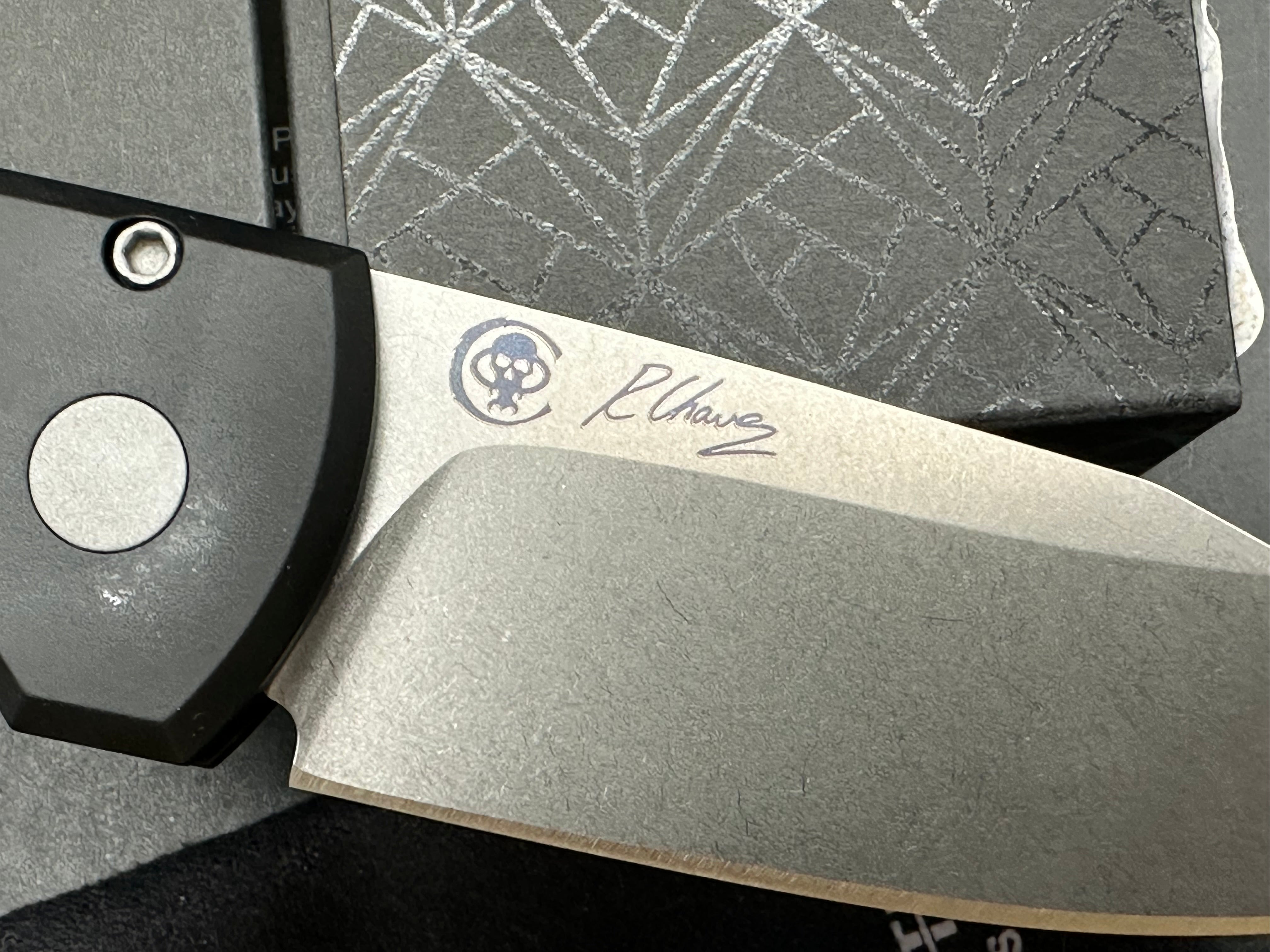ProTech / Chavez Scapegoat AUTO, 3" PROTO-MagnaMax Stonewash Blade with Black Aluminum Scales