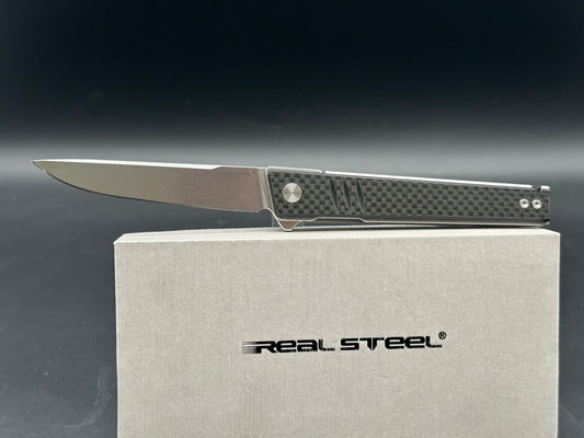 Real Steel Kikashi Flipper Knife 4.45'' Alleima 14C28N Stonewash ‎Blade, Liner Lock, G10/Carbon Fiber laminate