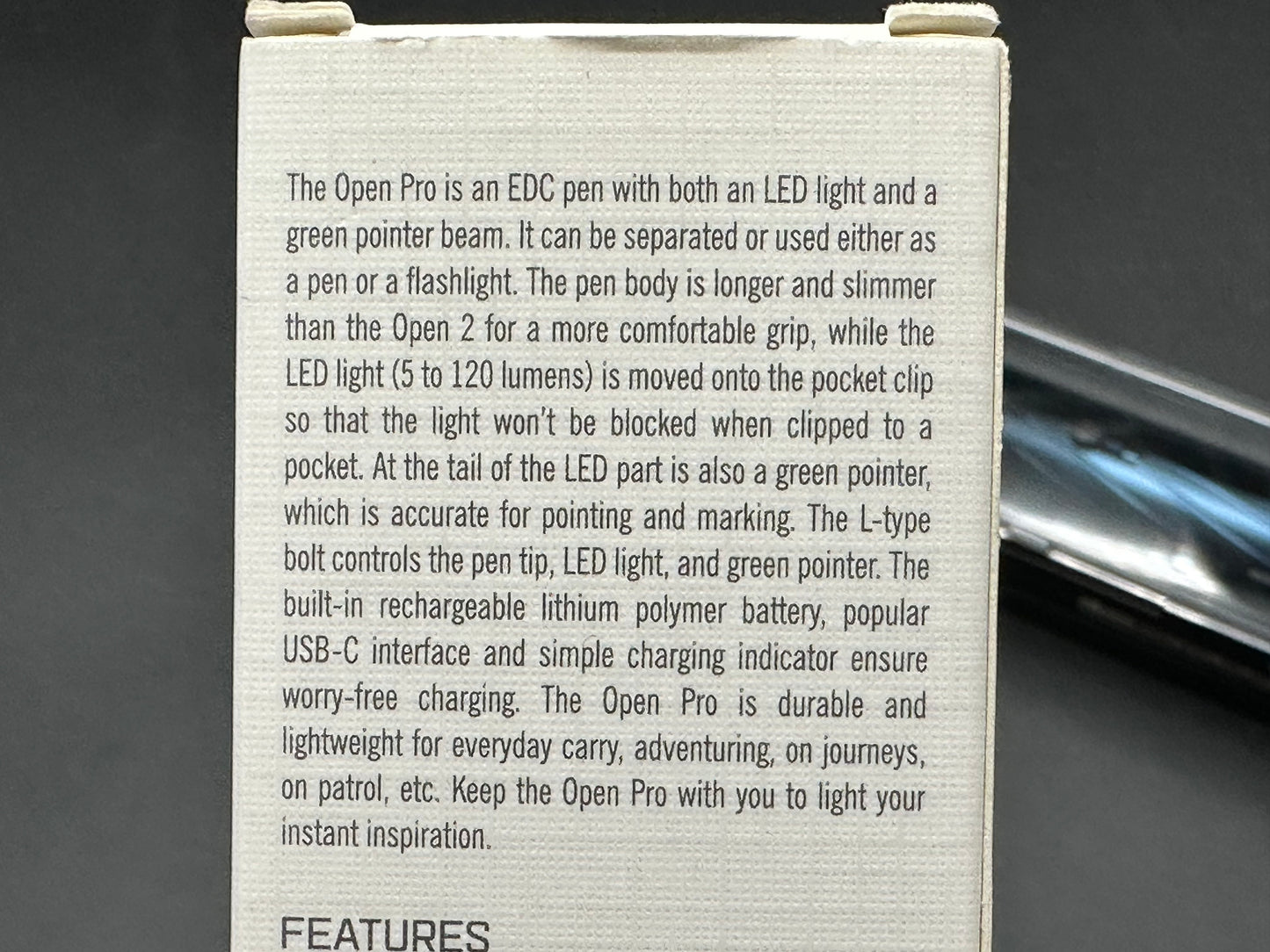 OLIGHT O'Pen Pro w/green laser pointer, 120 lumen light, and bolt-action.