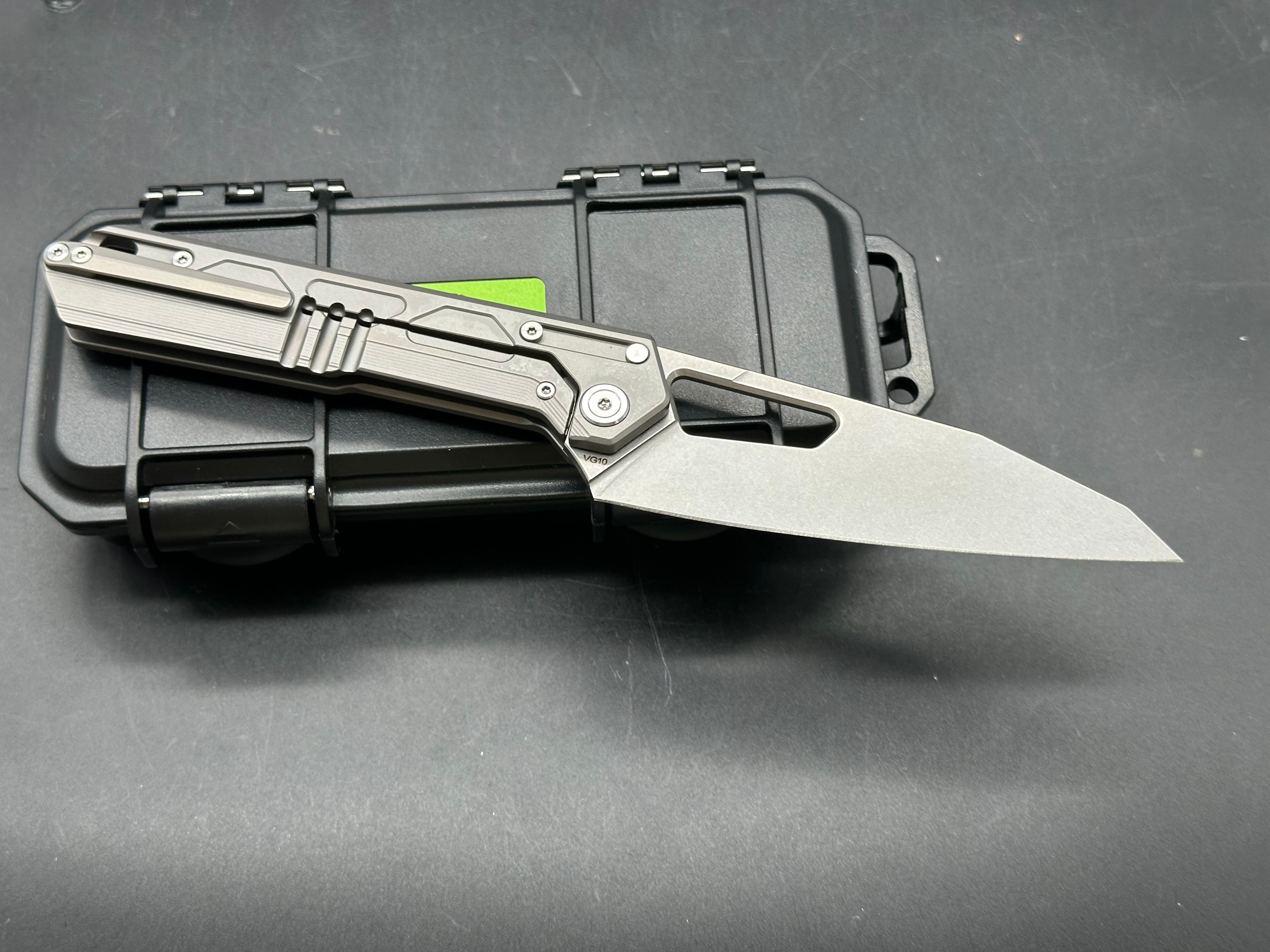 Tacray DT-03, 3.75" VG10 Sheepsfoot Blade that has 4.2" of Cutting Edge with Gray Bead Blasted Titanium Scales