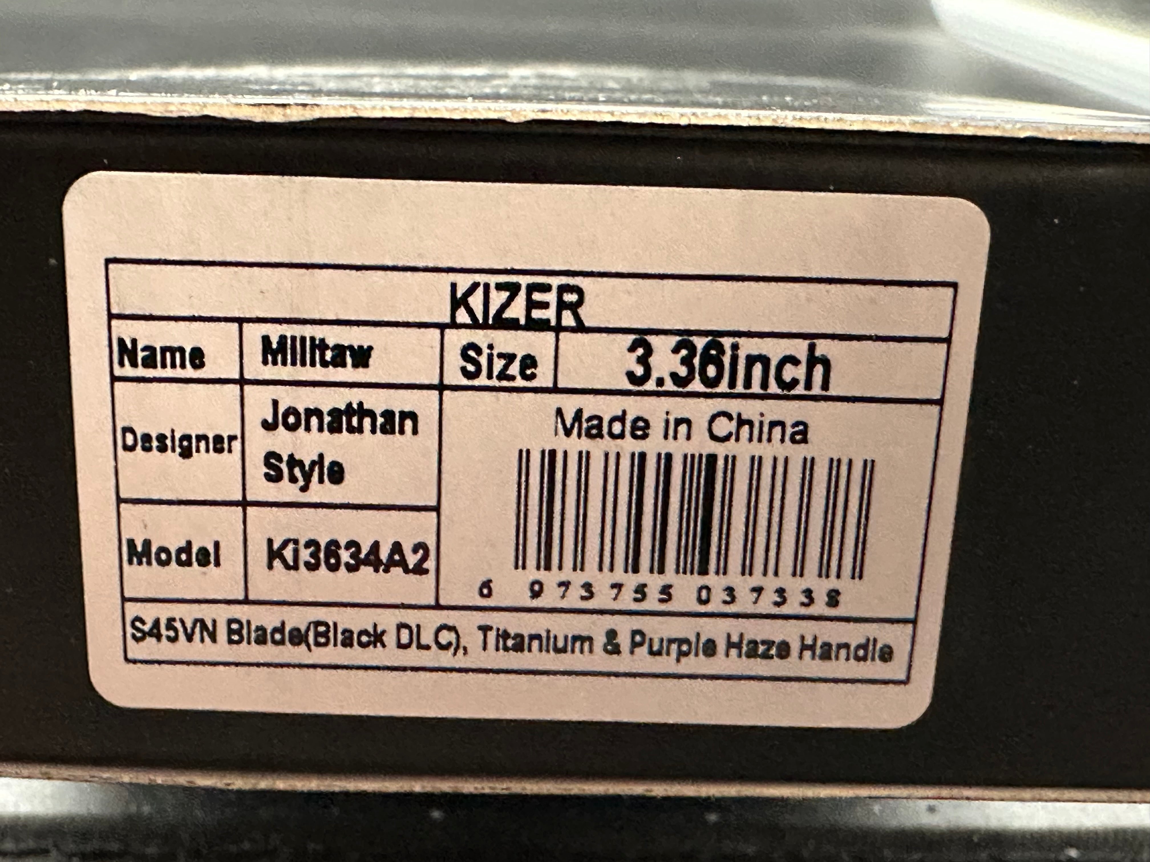 KIZER MILITAW BLACK/PURPLE HAZE TITANIUM/FAT CARBON HANDLE S45VN DROP POINT