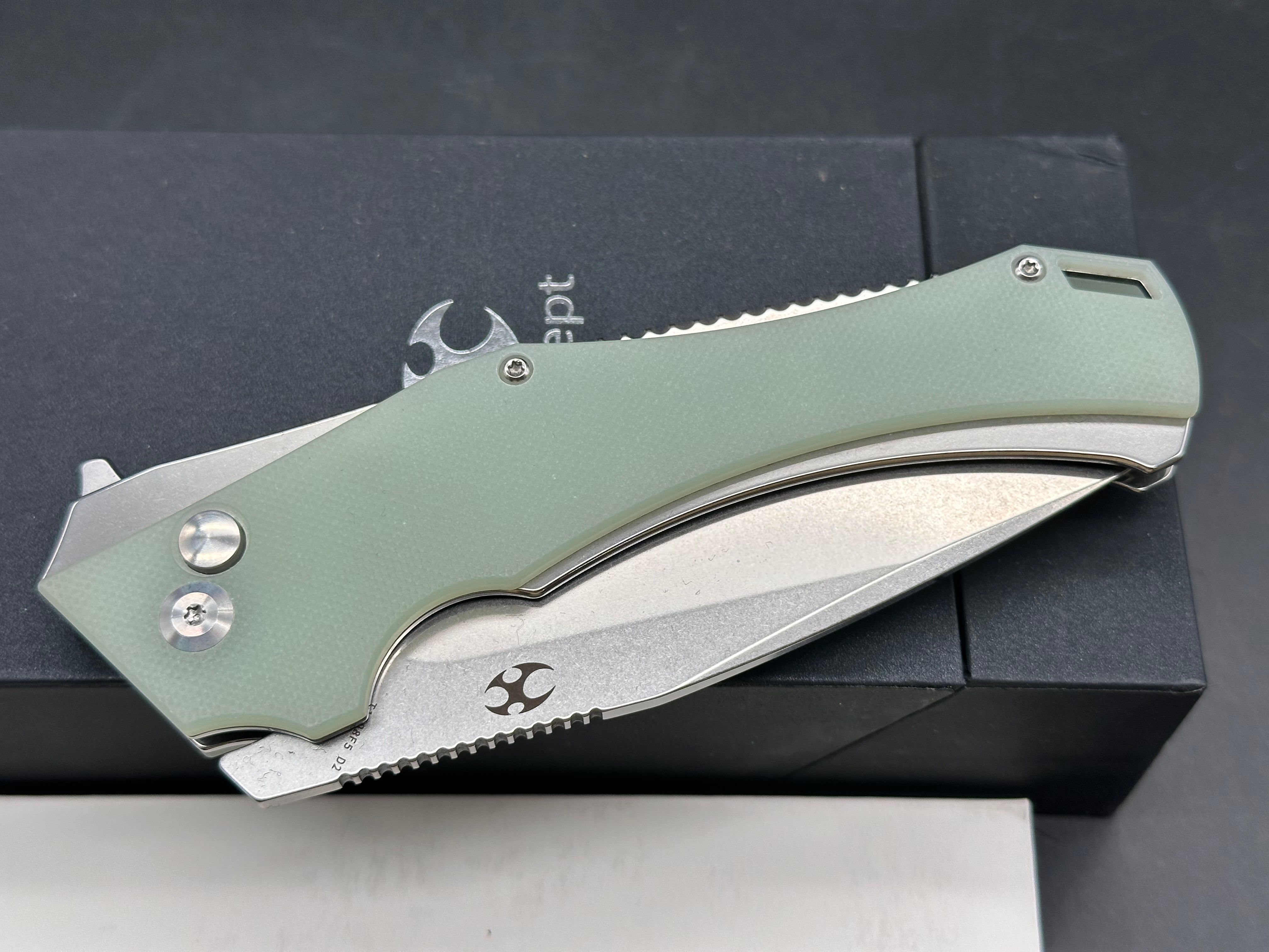 KANSEPT Hellx Button Lock Jade G10 Handle (3.6''D2 Blade)