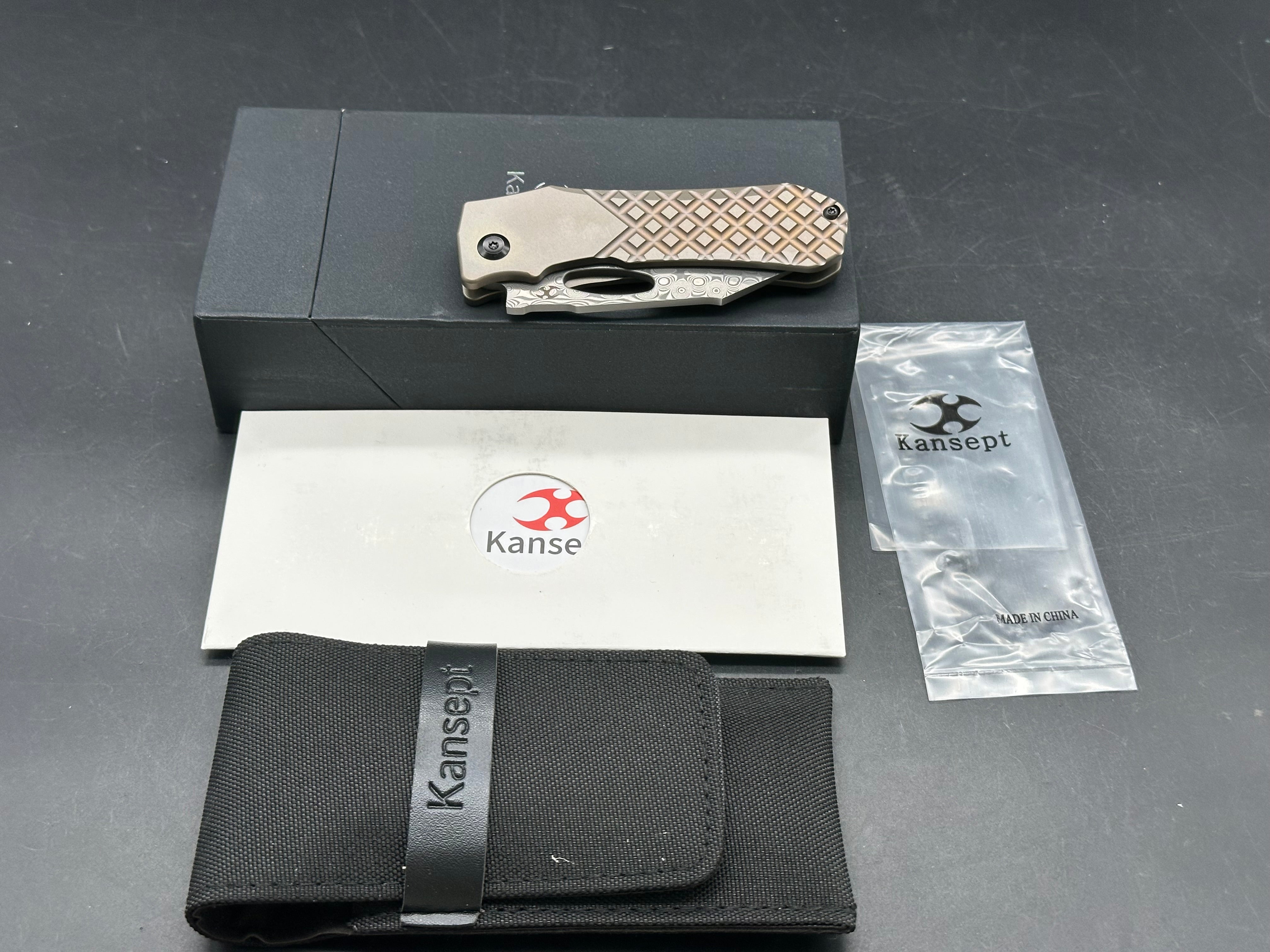 Kansept Knives Loki Frame Lock Folding Knife 2.99" Damascus Black Harpoon Blade, Bronze Frag Titanium Handles