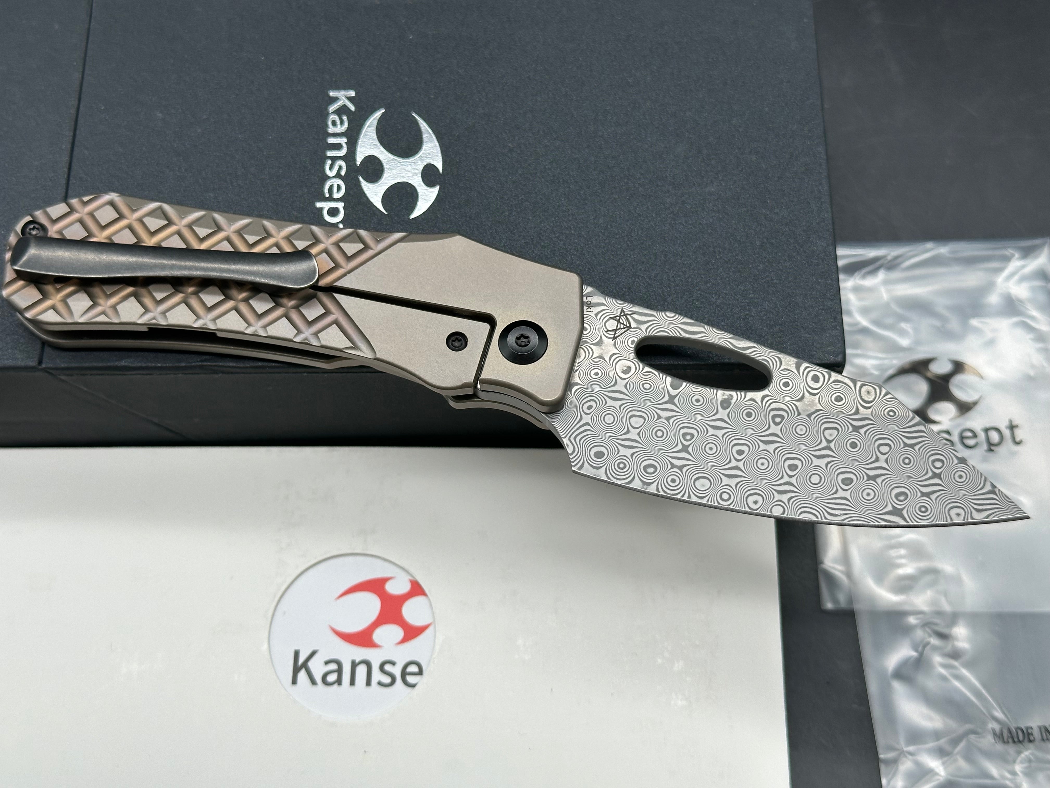 Kansept Knives Loki Frame Lock Folding Knife 2.99" Damascus Black Harpoon Blade, Bronze Frag Titanium Handles