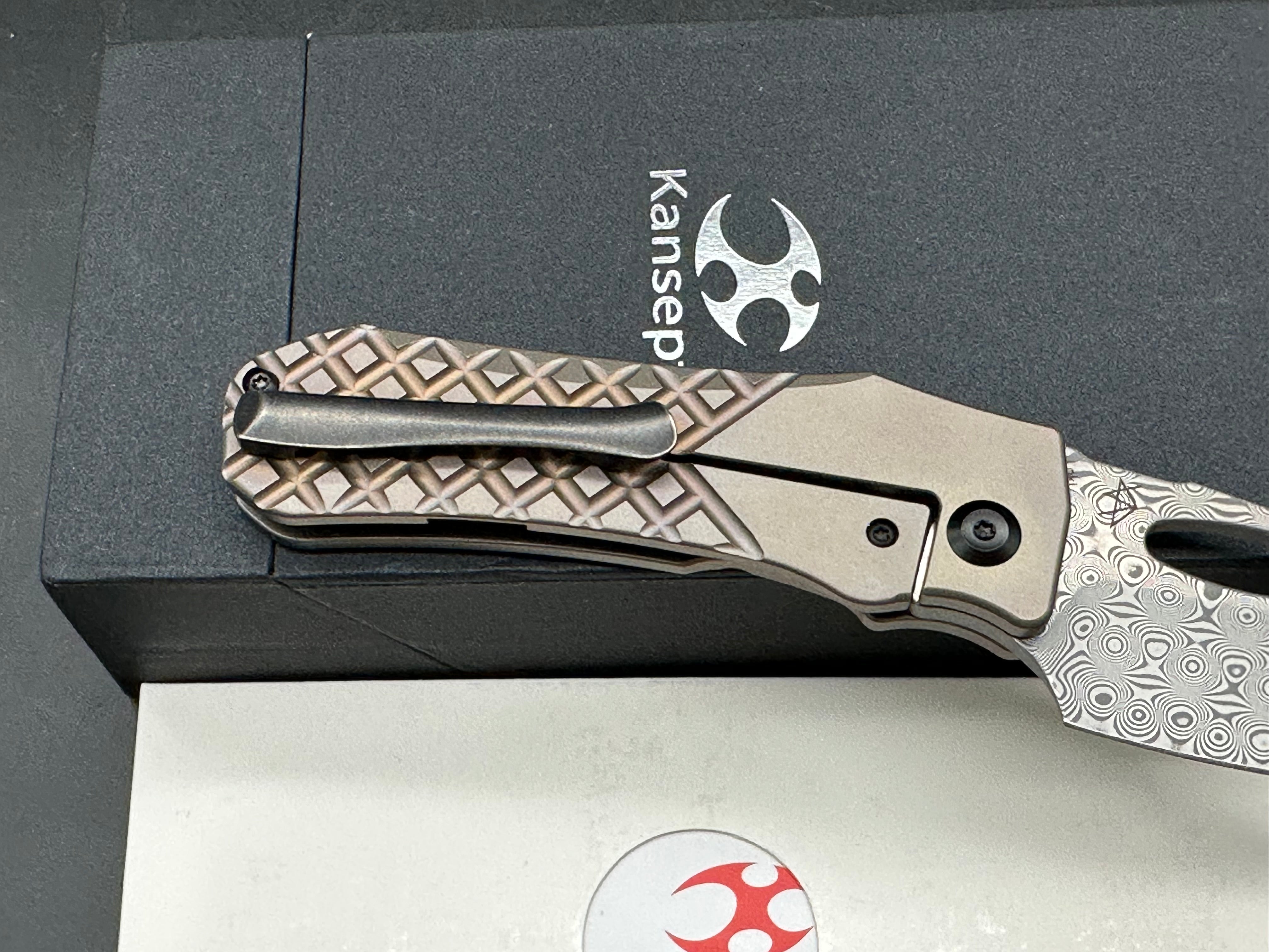 Kansept Knives Loki Frame Lock Folding Knife 2.99" Damascus Black Harpoon Blade, Bronze Frag Titanium Handles