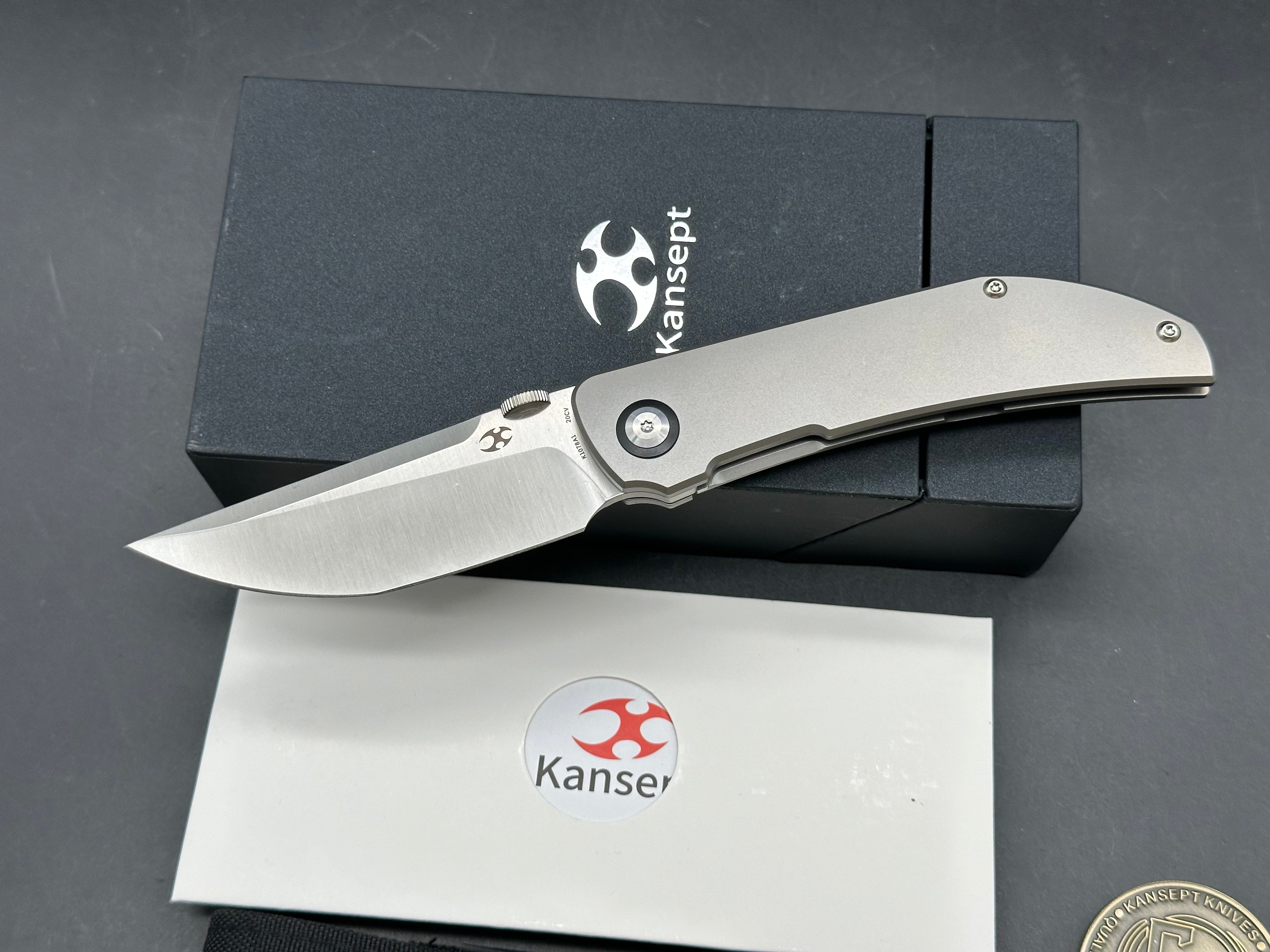 Kansept Knives Matthew Christensen Tarkin Frame Lock Front Flipper 3.36" CPM-20CV Modified Tanto Blade Titanium Handles