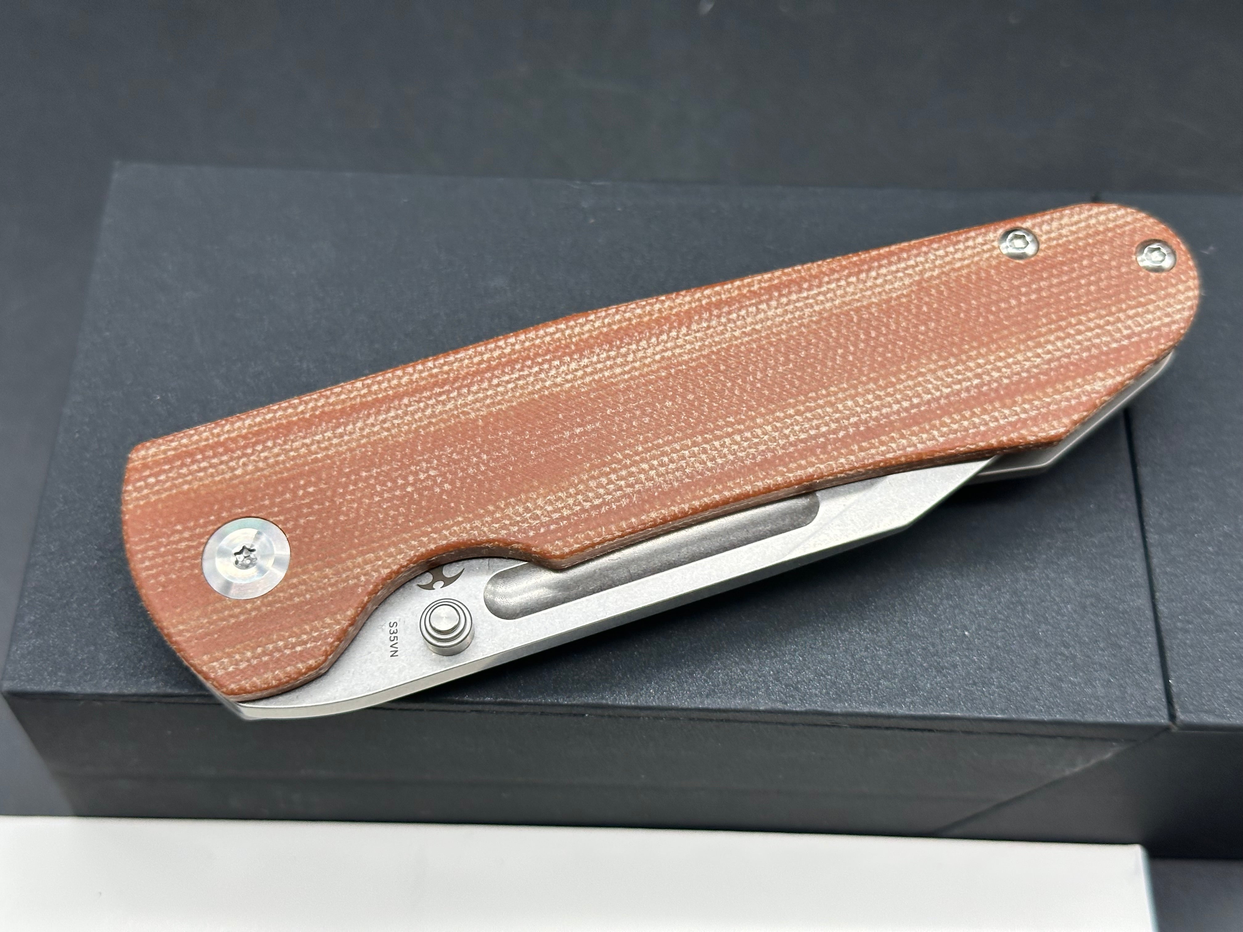 Kansept Knives Superhawk 3.89" CPM-S35VN Stonewashed Recurve Blade, Brown Micarta and Titanium Handles, Frame Lock