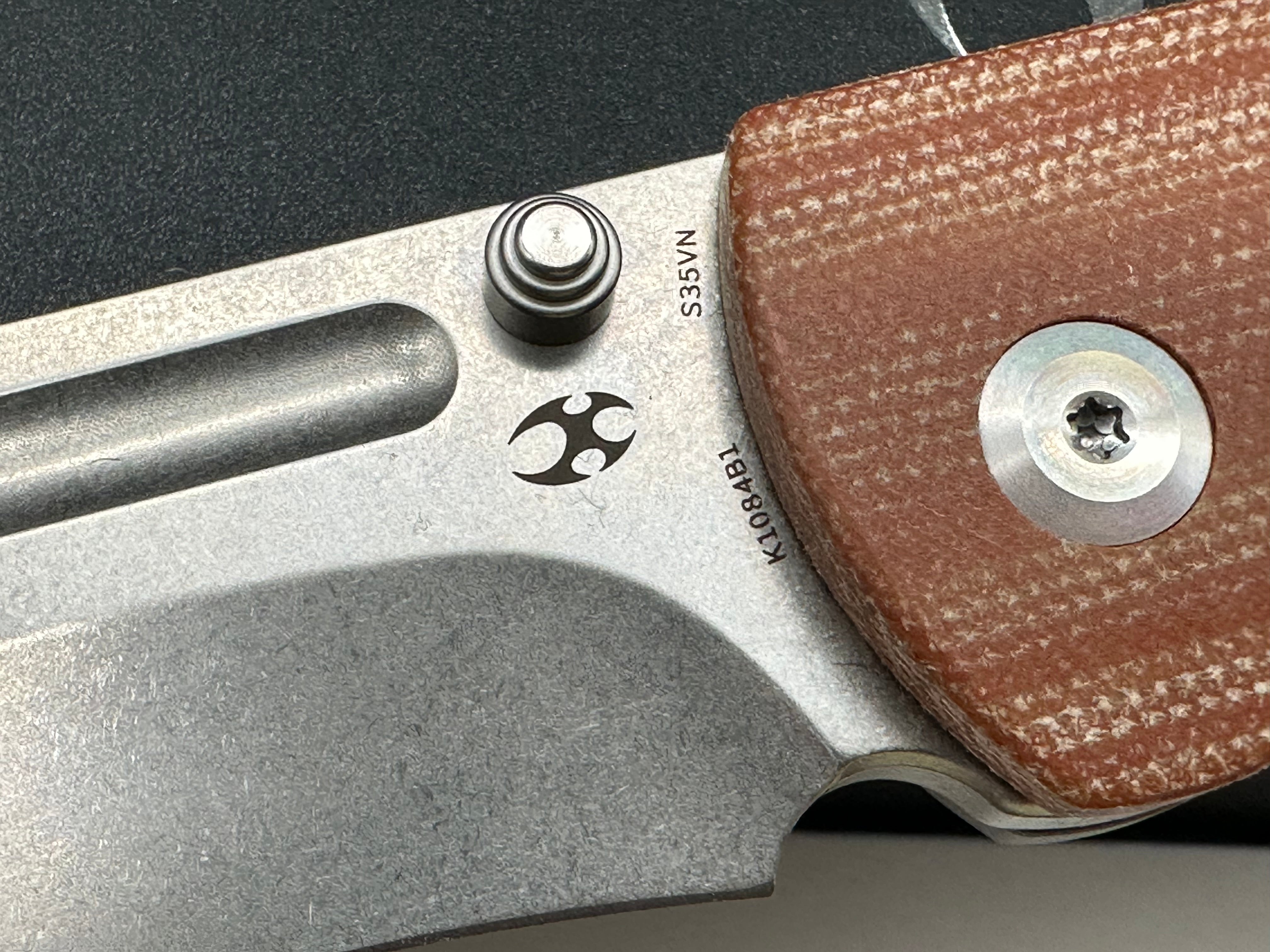 Kansept Knives Superhawk 3.89" CPM-S35VN Stonewashed Recurve Blade, Brown Micarta and Titanium Handles, Frame Lock