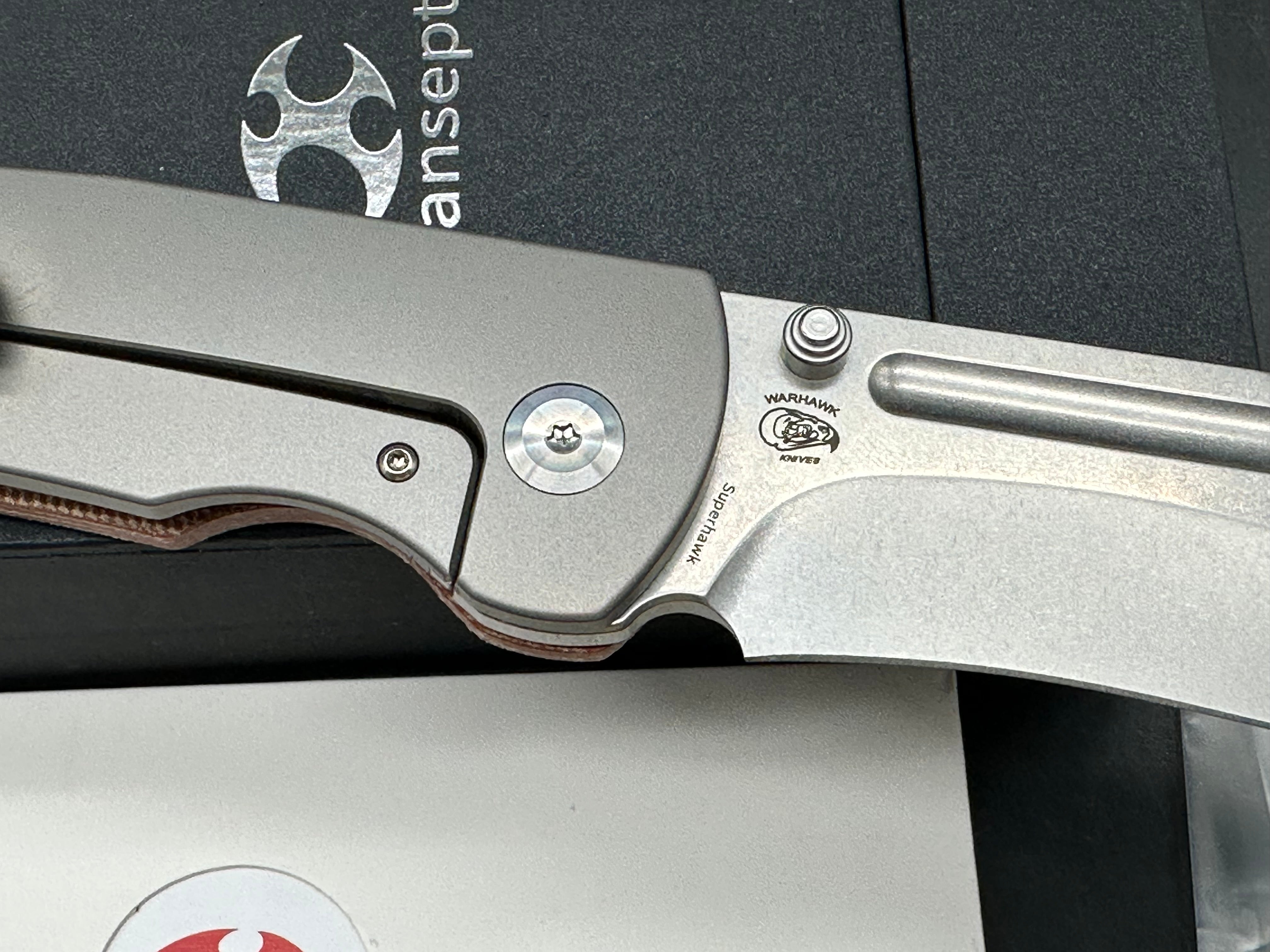 Kansept Knives Superhawk 3.89" CPM-S35VN Stonewashed Recurve Blade, Brown Micarta and Titanium Handles, Frame Lock