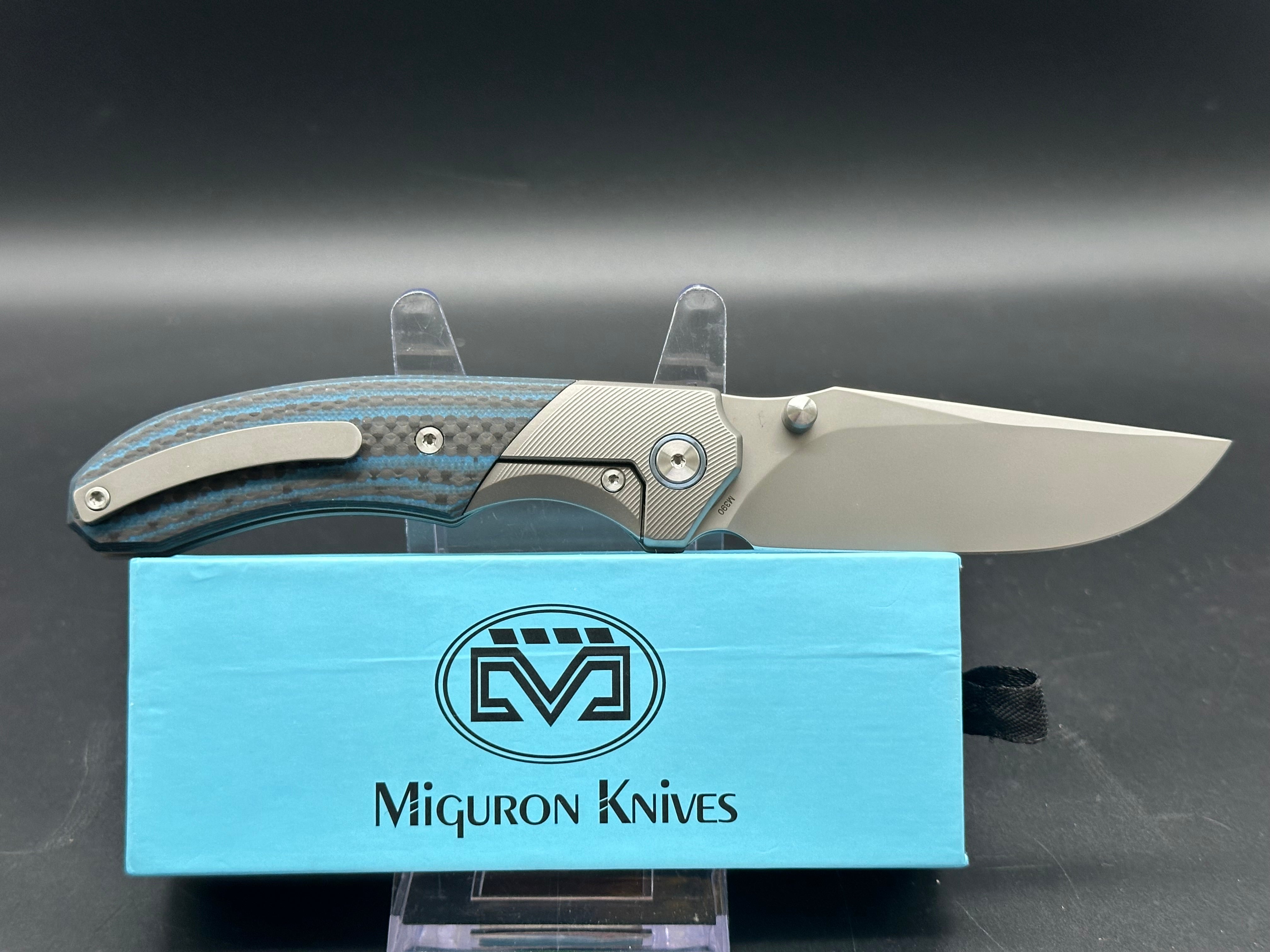 MIGURON CENTURION FOLDING KNIFE TITANIUM/BLUE CARBON FIBER HANDLE M390 PLAIN EDGE SANDBLAST FINISH