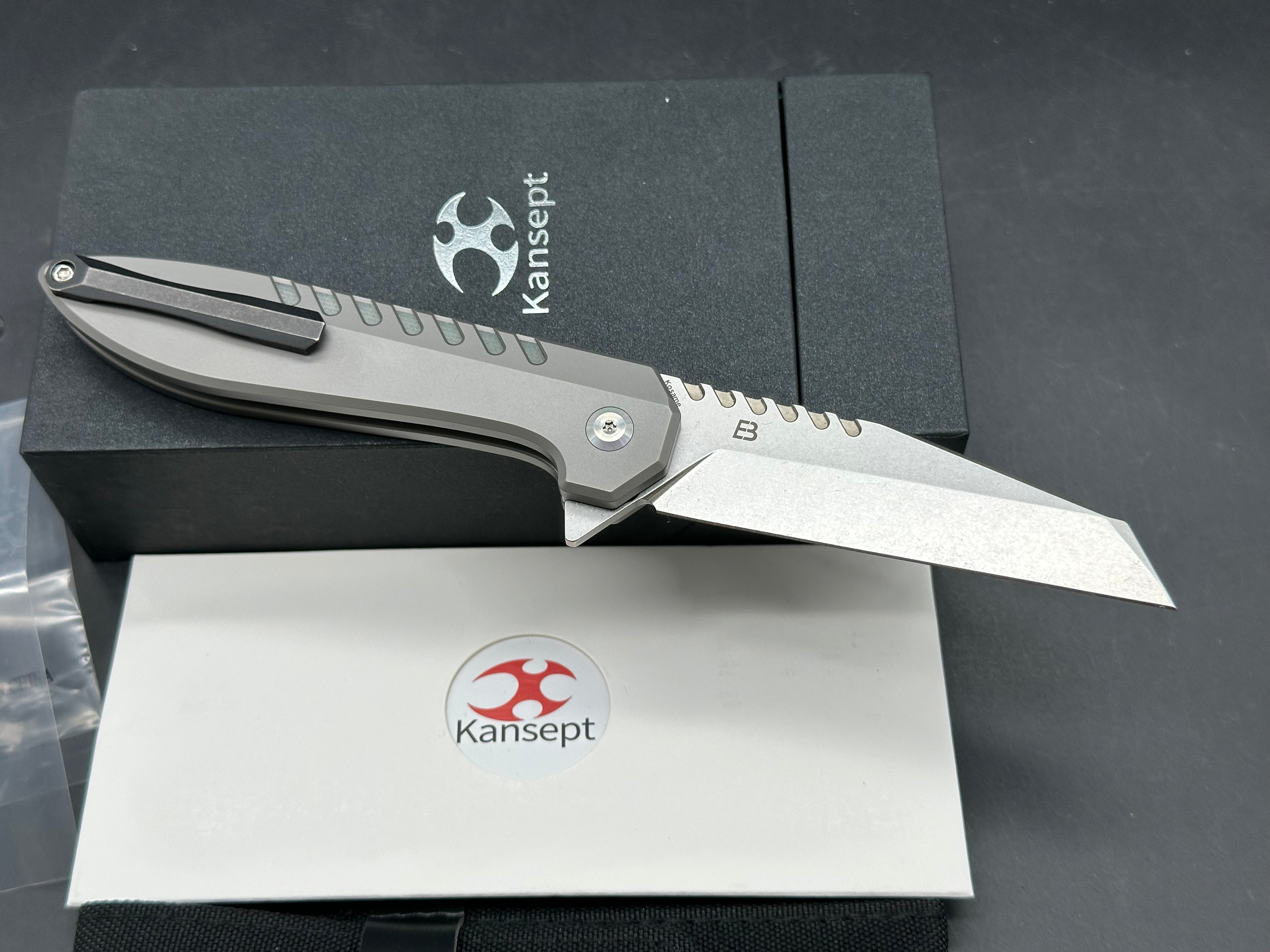 Kansept Kosame Button Lock Flipper Knife 3.37" 154CM Wharncliffe Blade, Stonewashed Titanium Handles