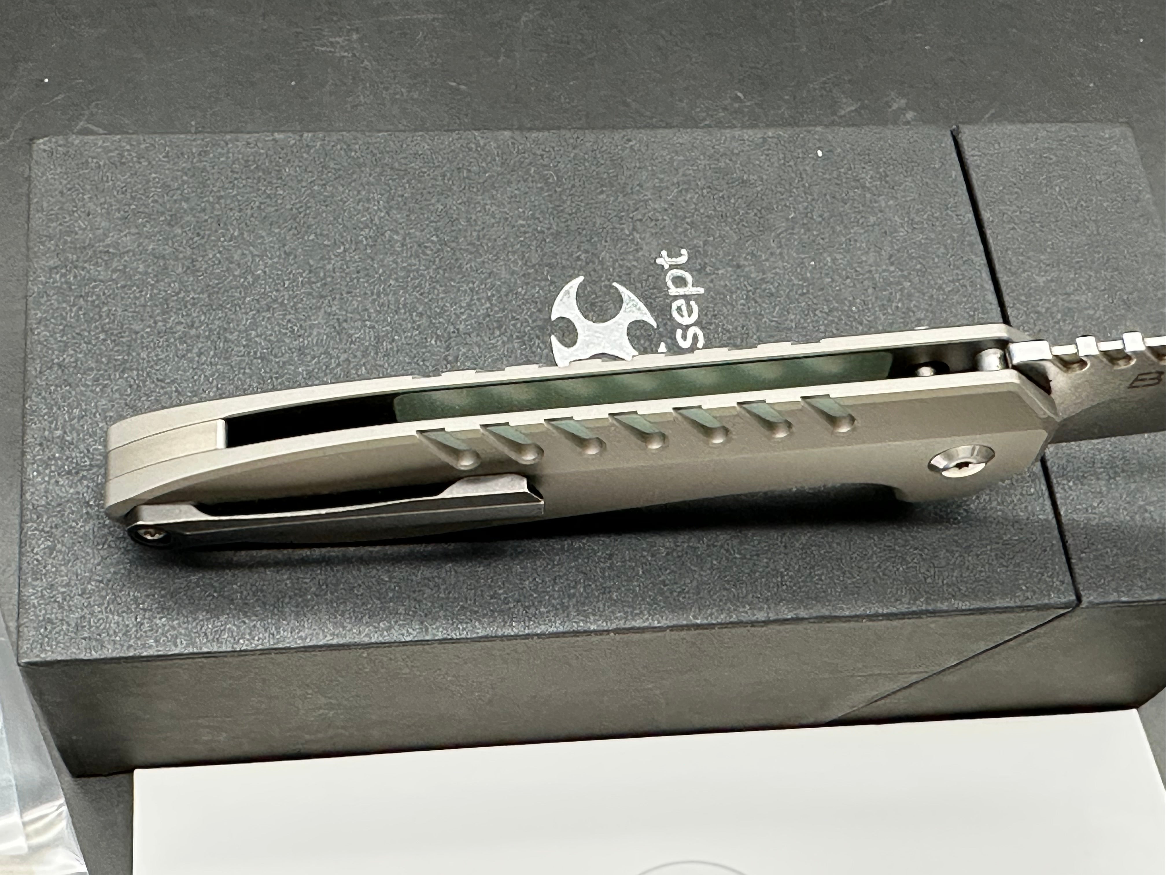 Kansept Kosame Button Lock Flipper Knife 3.37" 154CM Wharncliffe Blade, Stonewashed Titanium Handles