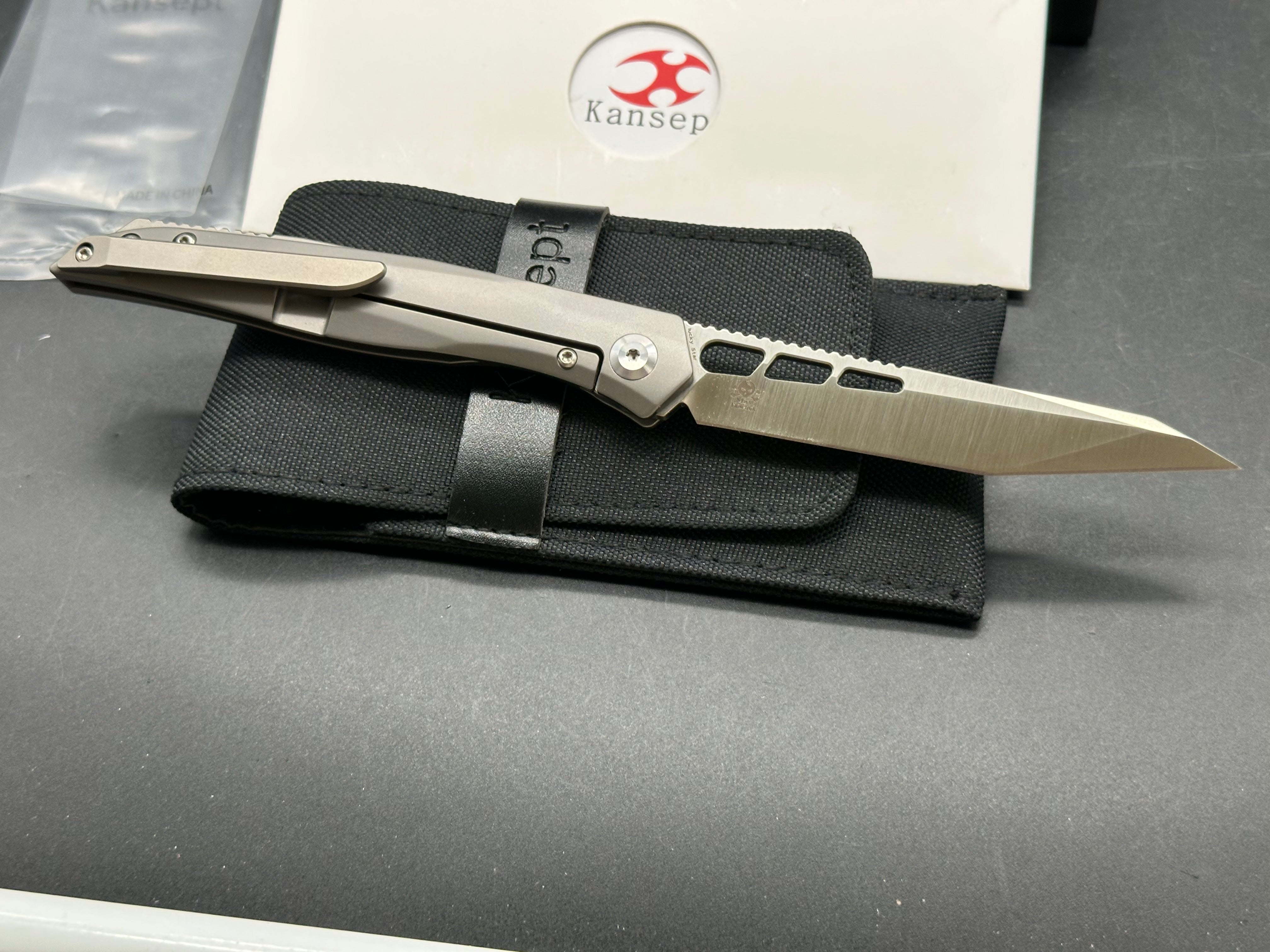 Kansept Knives Lucky Star Front Flipper 3.54" CPM-S35VN Satin Tanto Blade, Titanium Handles, Frame Lock