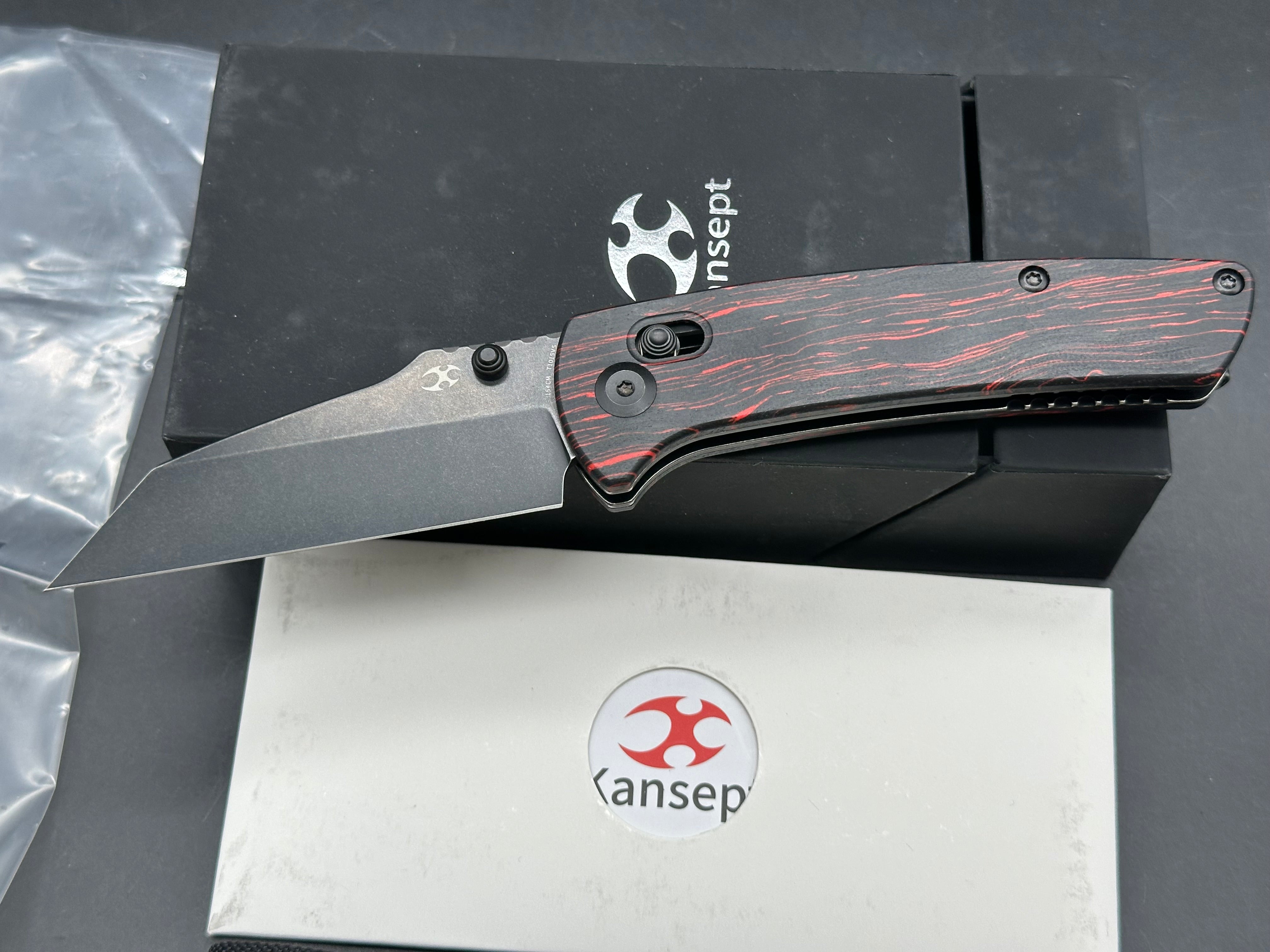 Kansept Knives Dirk Pinkerton Main Street 3.36" 154CM Black Wharncliffe Blade, Red G-Mascus Handles